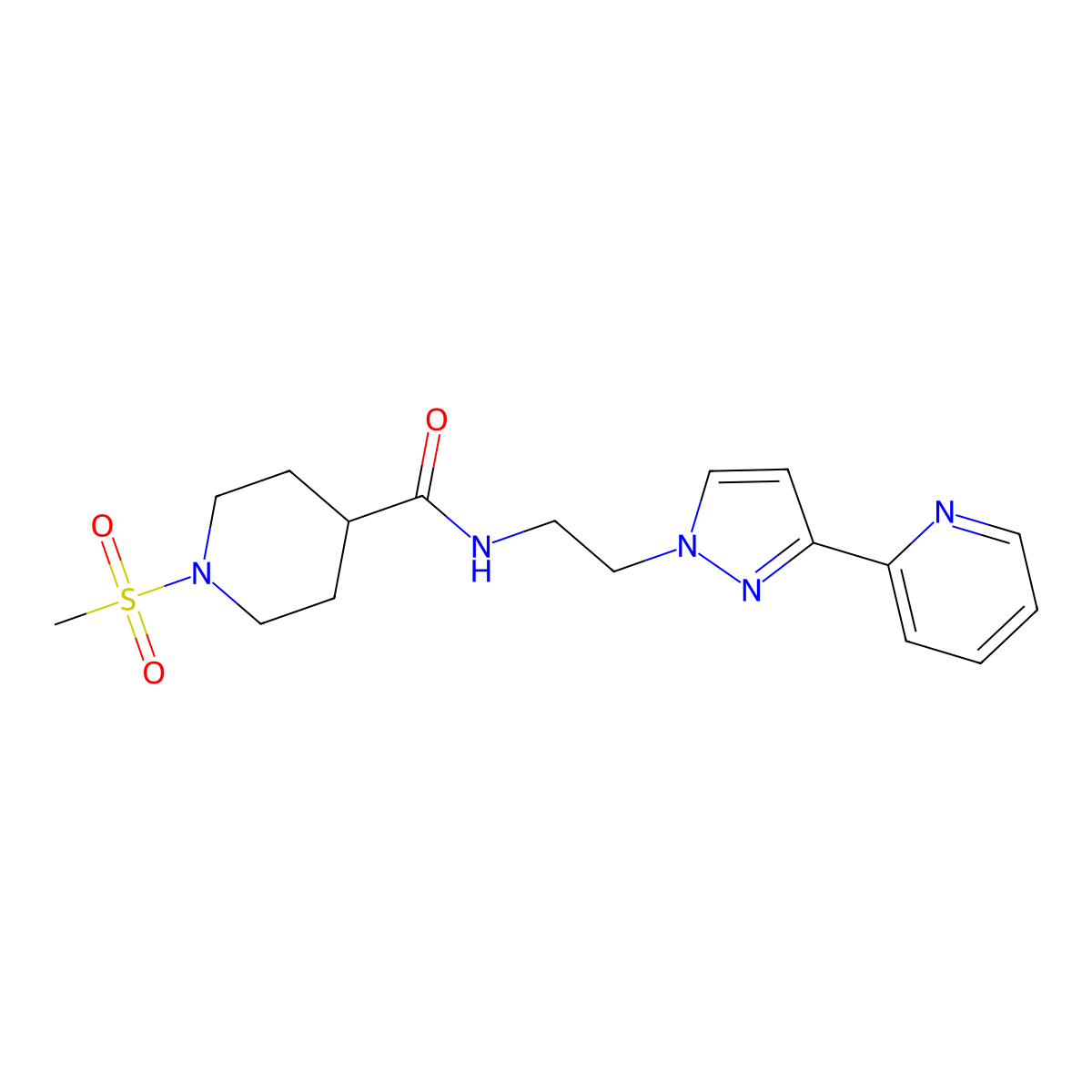 1-(methylsulfonyl)-N-(2-(3-(pyridin-2-yl)-1H-pyrazol-1-yl)ethyl)piperidine-4-carboxamide molecular structure, CAS 1448028-37-2