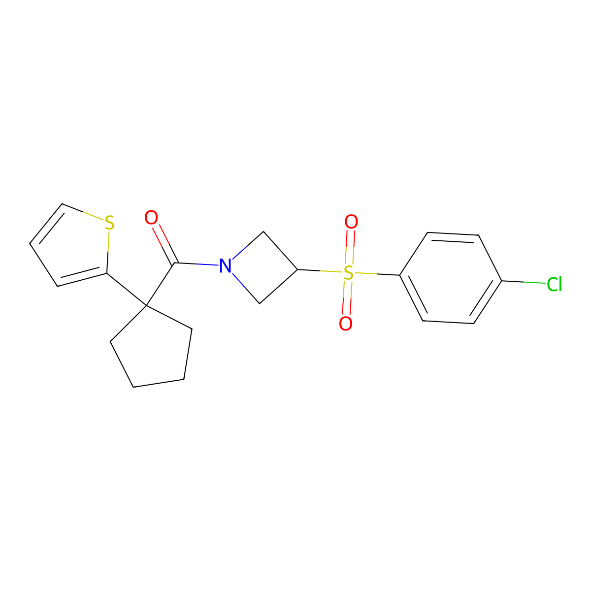 (3-((4-Chlorophenyl)sulfonyl)azetidin-1-yl)(1-(thiophen-2-yl)cyclopentyl)methanone molecular structure, CAS 1448028-38-3