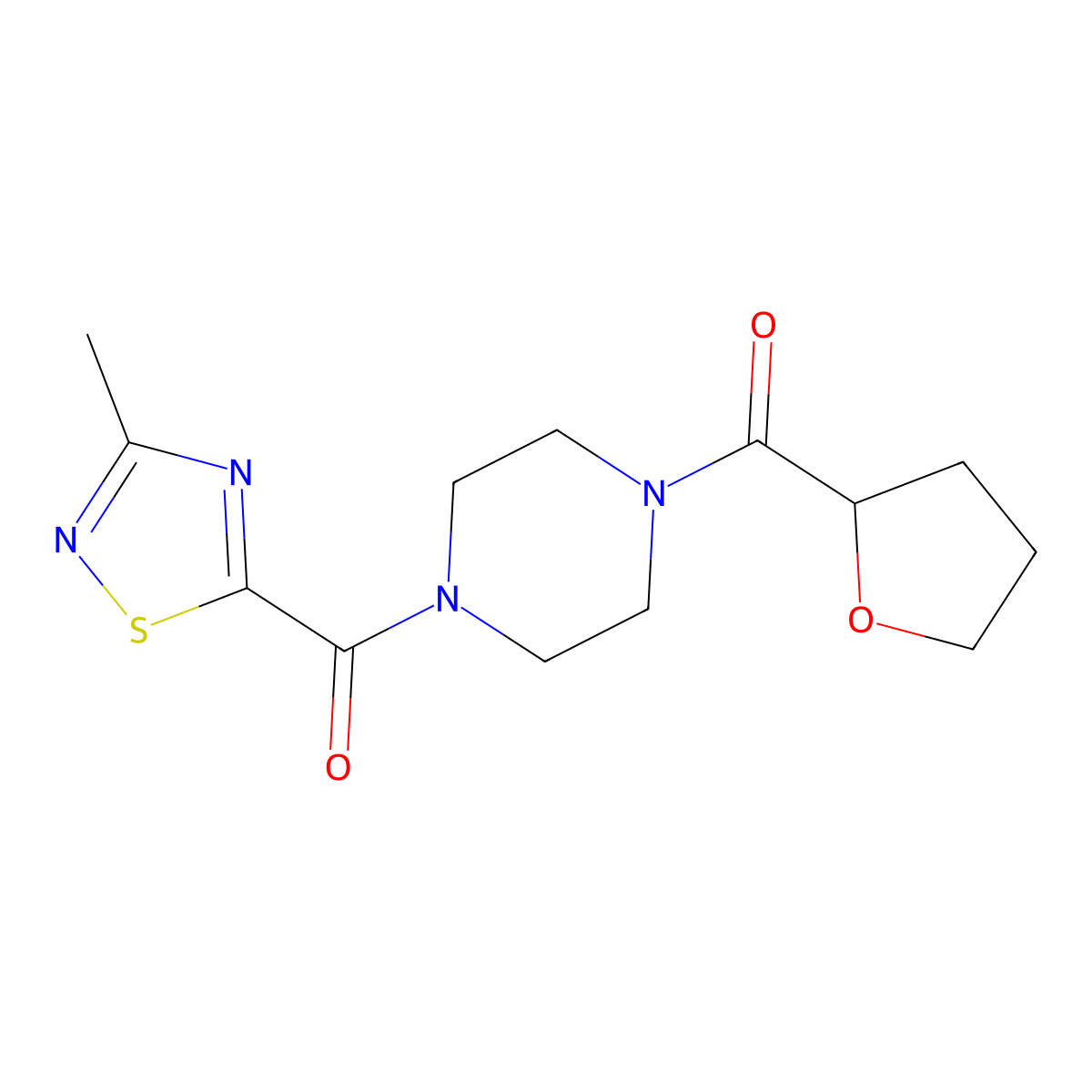 (3-Methyl-1,2,4-thiadiazol-5-yl)(4-(tetrahydrofuran-2-carbonyl)piperazin-1-yl)methanone molecular structure, CAS 1448028-42-9