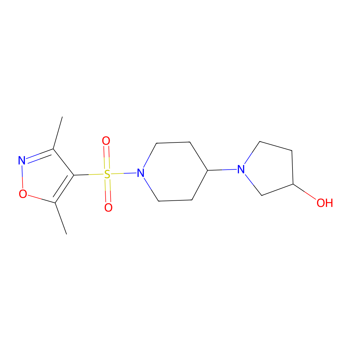 1-(1-((3,5-Dimethylisoxazol-4-yl)sulfonyl)piperidin-4-yl)pyrrolidin-3-ol molecular structure, CAS 1448028-52-1