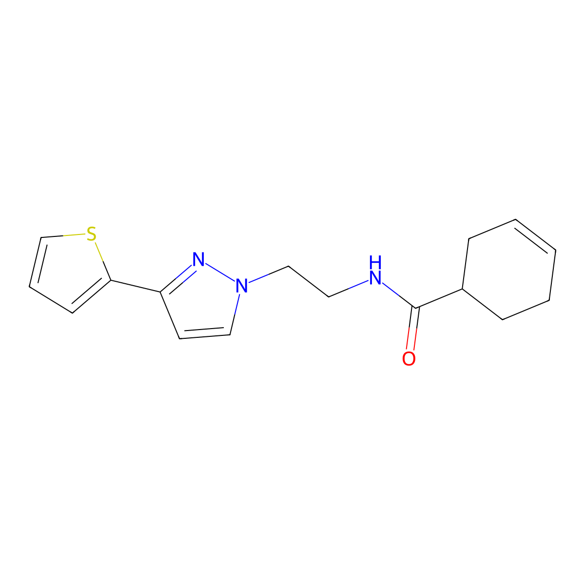N-{2-[3-(thiophen-2-yl)-1H-pyrazol-1-yl]ethyl}cyclohex-3-ene-1-carboxamide molecular structure, CAS 1448028-60-1