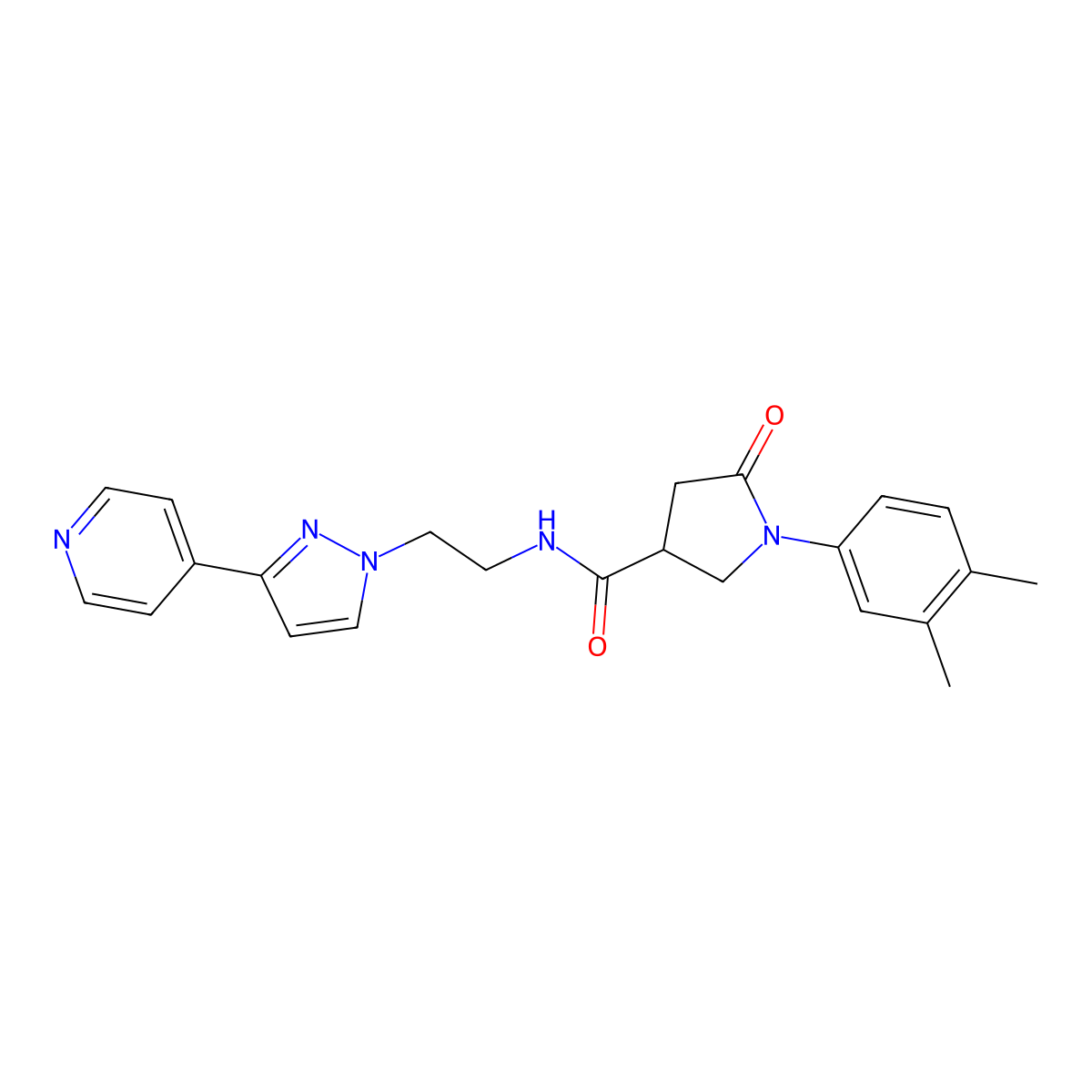 1-(3,4-dimethylphenyl)-5-oxo-N-(2-(3-(pyridin-4-yl)-1H-pyrazol-1-yl)ethyl)pyrrolidine-3-carboxamide molecular structure, CAS 1448028-64-5