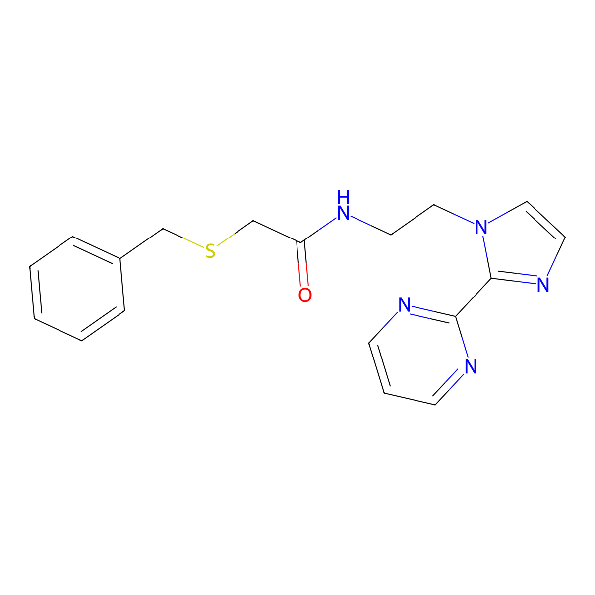 2-(benzylthio)-N-(2-(2-(pyrimidin-2-yl)-1H-imidazol-1-yl)ethyl)acetamide molecular structure, CAS 1448028-69-0
