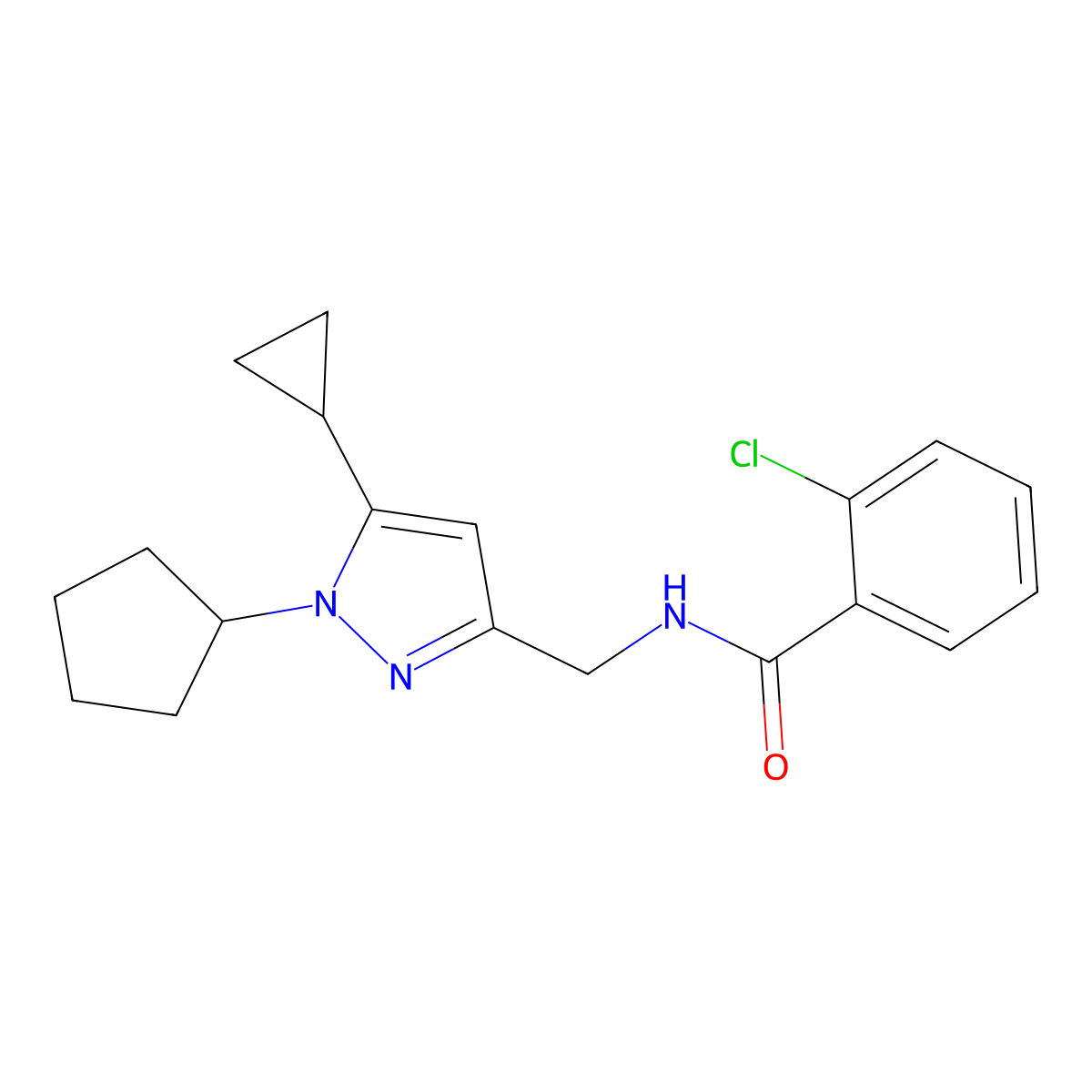 2-chloro-N-[(1-cyclopentyl-5-cyclopropyl-1H-pyrazol-3-yl)methyl]benzamide molecular structure, CAS 1448028-81-6
