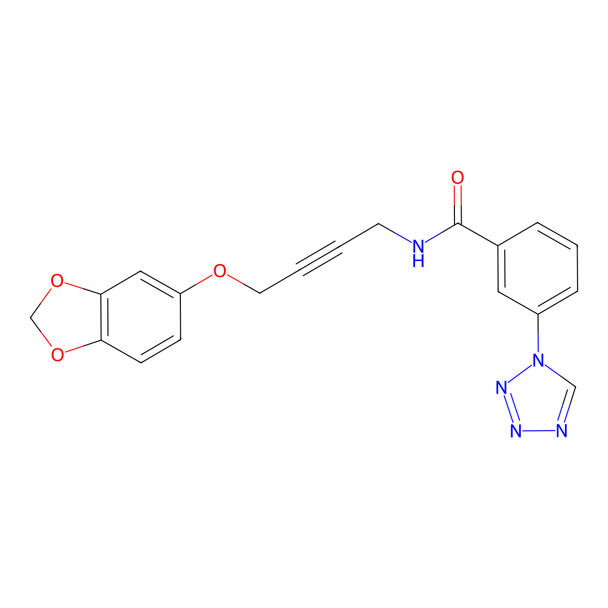 N-(4-(benzo[d][1,3]dioxol-5-yloxy)but-2-yn-1-yl)-3-(1H-tetrazol-1-yl)benzamide molecular structure, CAS 1448028-87-2