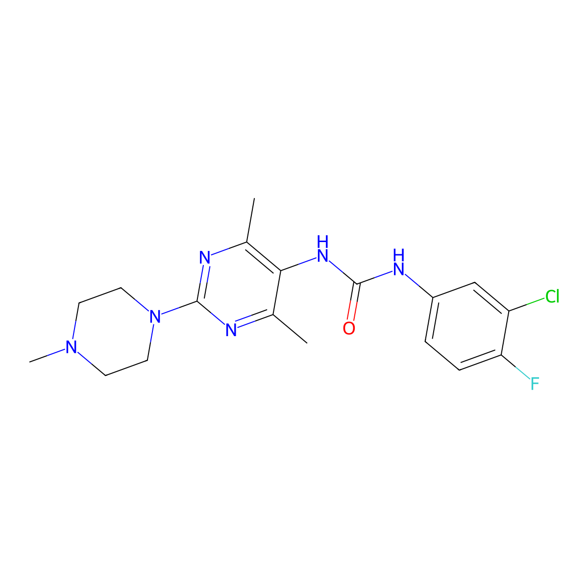 1-(3-Chloro-4-fluorophenyl)-3-[4,6-dimethyl-2-(4-methylpiperazin-1-YL)pyrimidin-5-YL]urea molecular structure, CAS 1448028-89-4