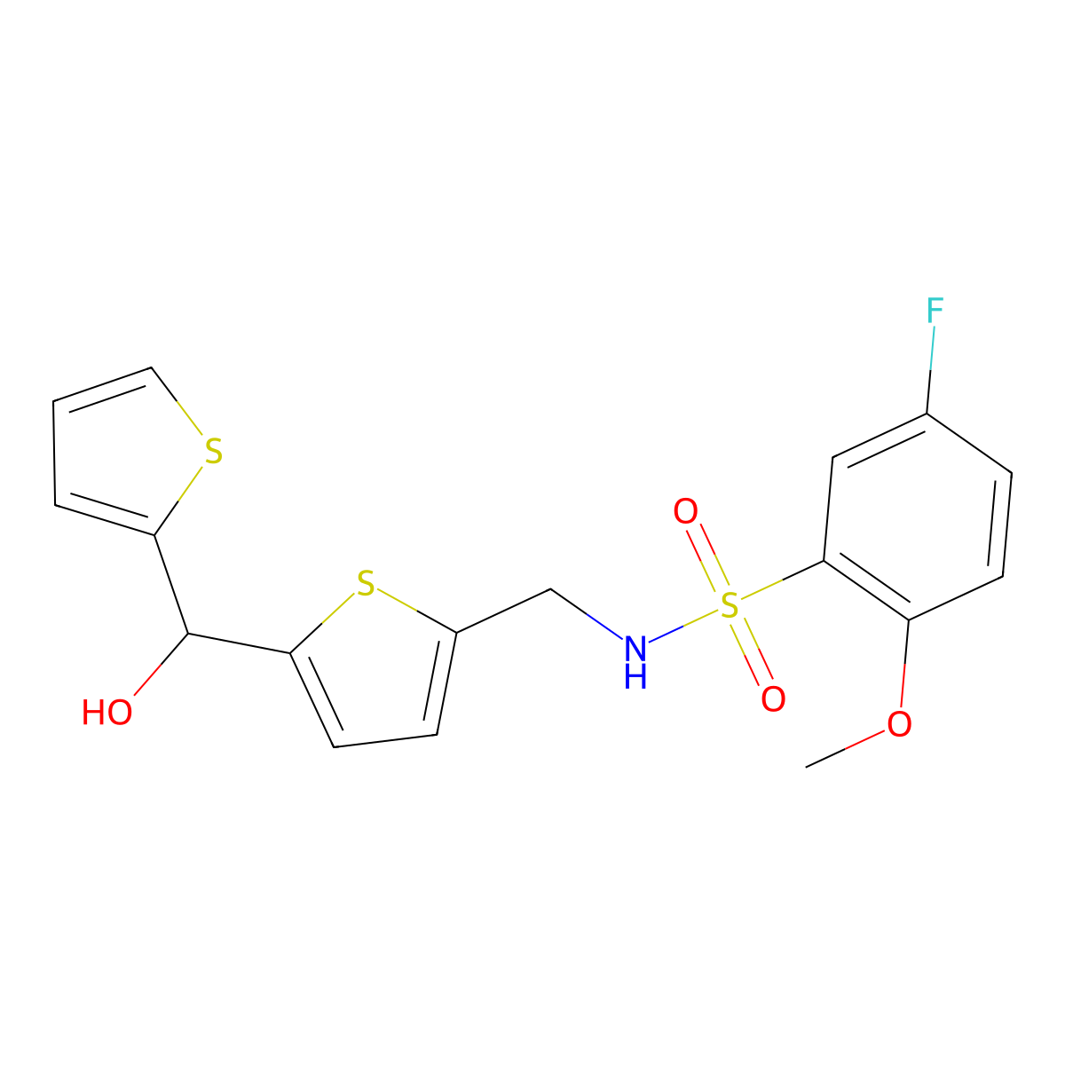 5-fluoro-N-((5-(hydroxy(thiophen-2-yl)methyl)thiophen-2-yl)methyl)-2-methoxybenzenesulfonamide molecular structure, CAS 1448028-90-7