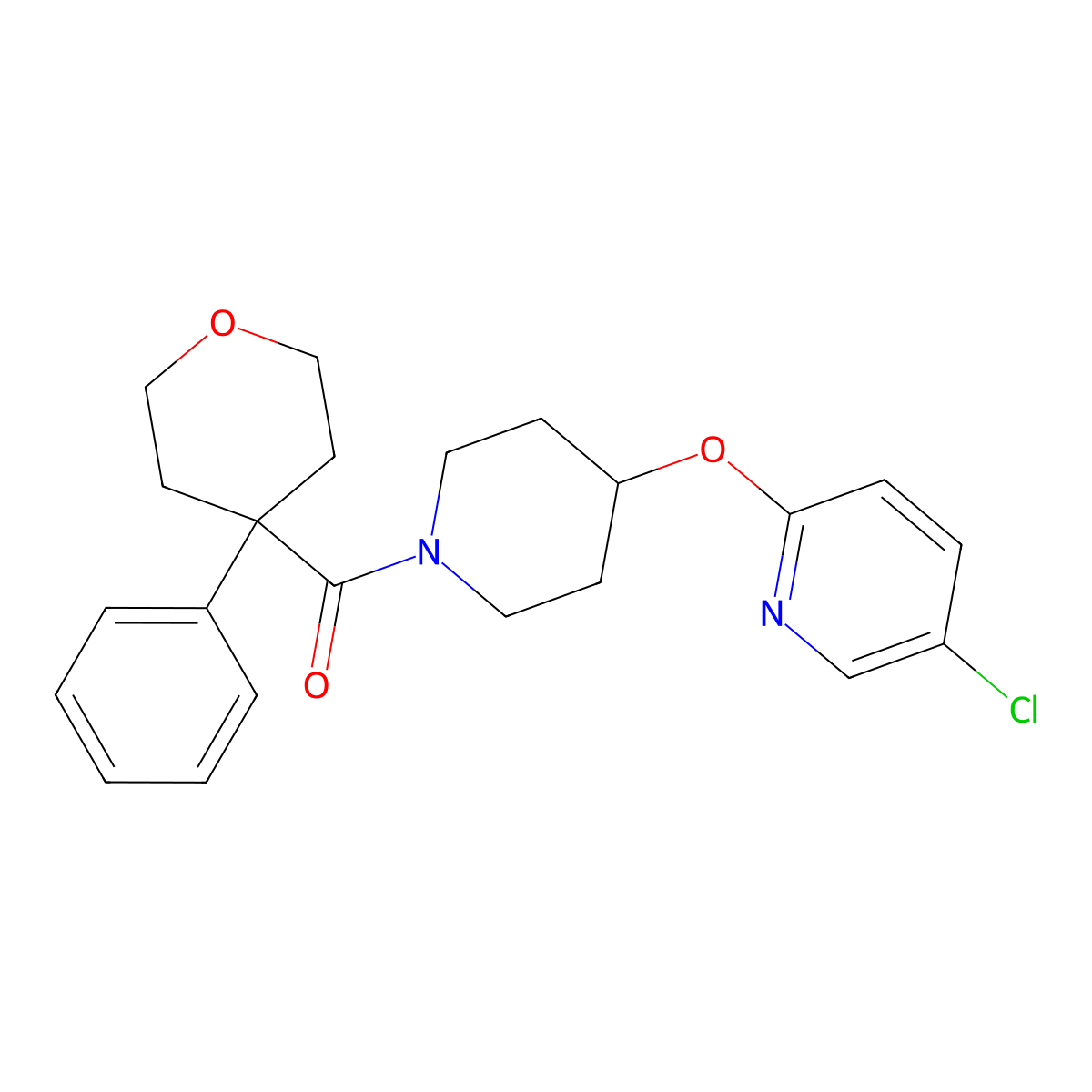 (4-((5-chloropyridin-2-yl)oxy)piperidin-1-yl)(4-phenyltetrahydro-2H-pyran-4-yl)methanone molecular structure, CAS 1448028-91-8