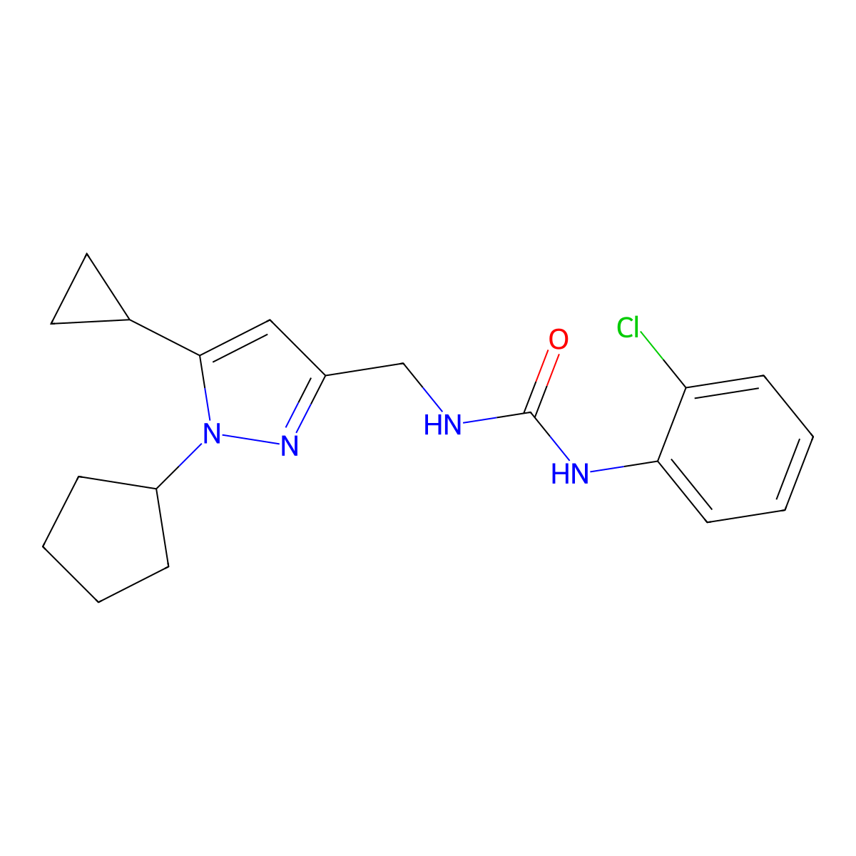 1-(2-chlorophenyl)-3-((1-cyclopentyl-5-cyclopropyl-1H-pyrazol-3-yl)methyl)urea molecular structure, CAS 1448028-92-9