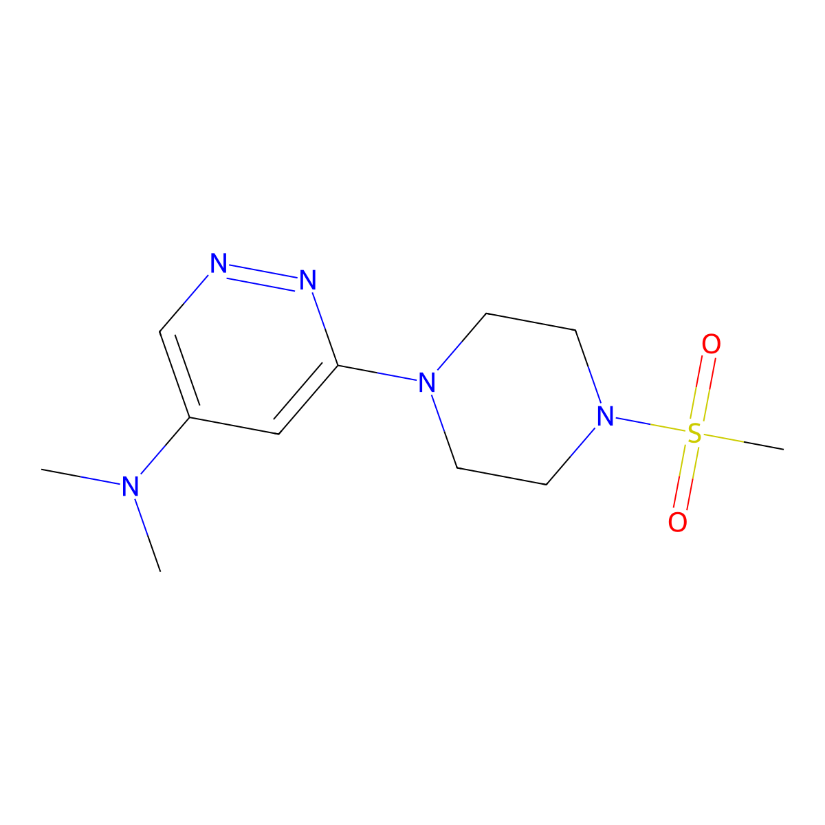 N,N-dimethyl-6-(4-(methylsulfonyl)piperazin-1-yl)pyridazin-4-amine molecular structure, CAS 1448029-00-2