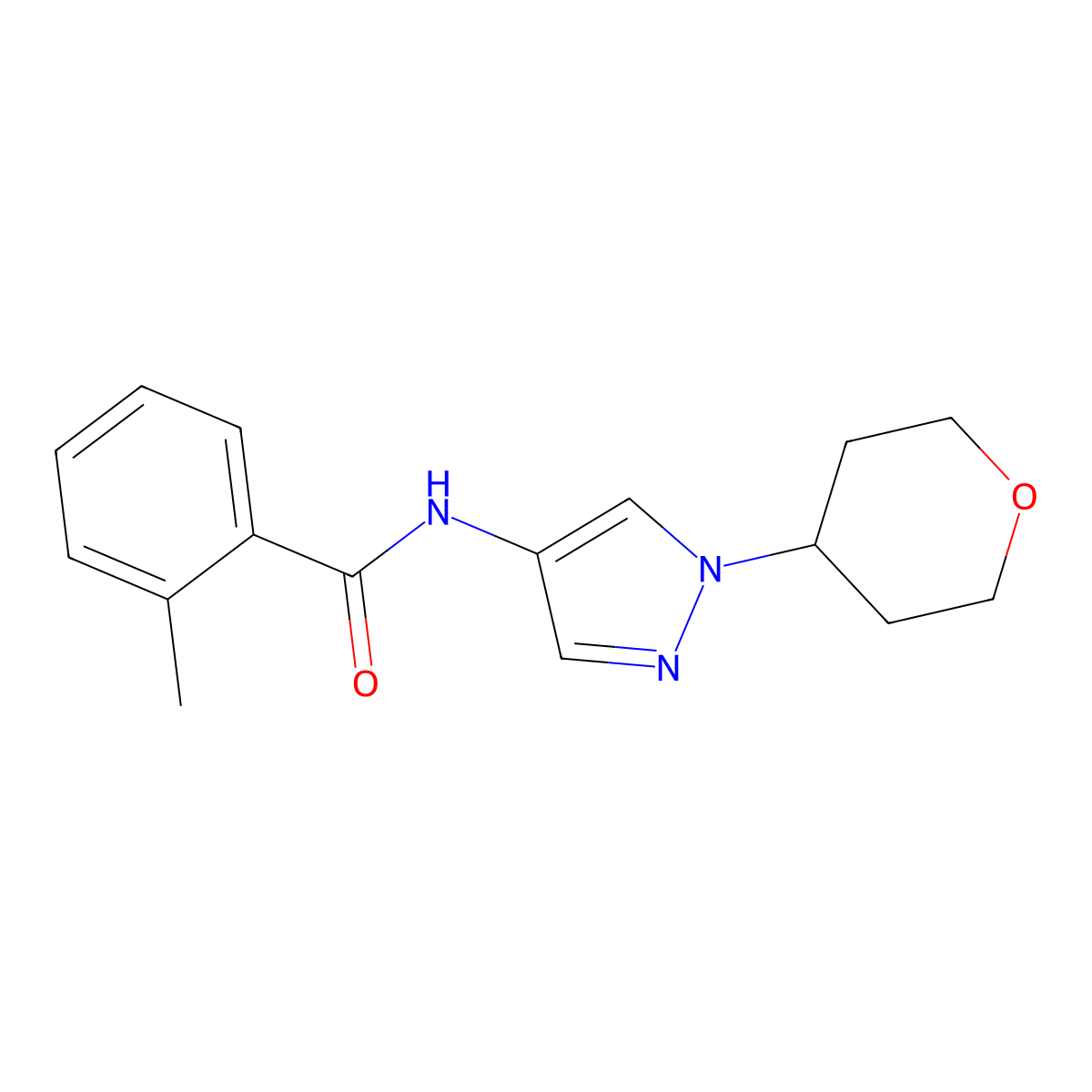 2-methyl-N-(1-(tetrahydro-2H-pyran-4-yl)-1H-pyrazol-4-yl)benzamide molecular structure, CAS 1448029-04-6