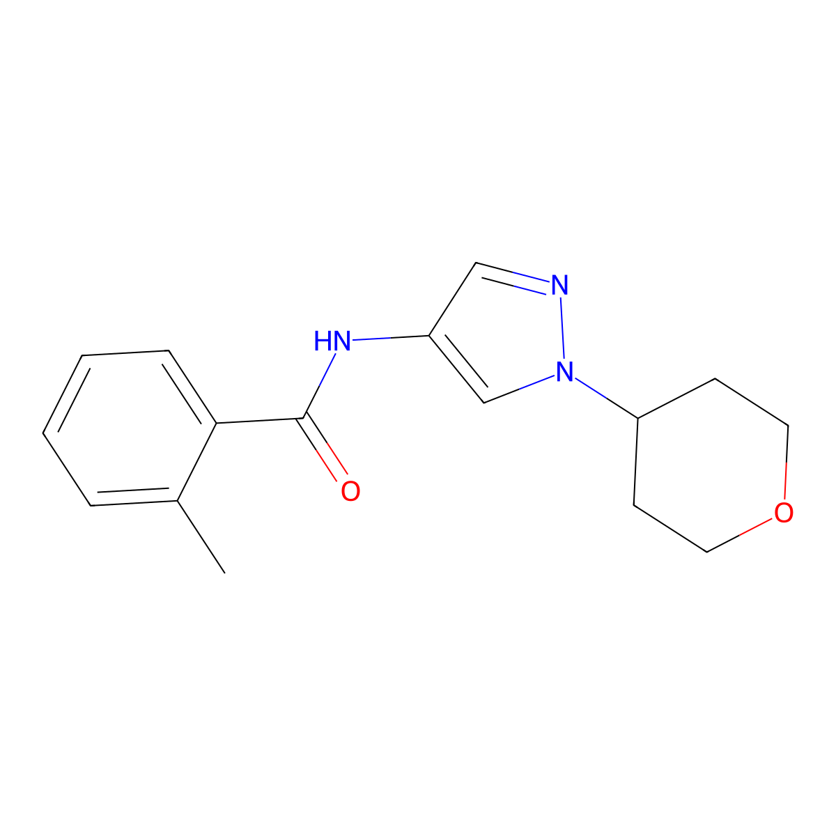 2-methyl-N-(1-(tetrahydro-2H-pyran-4-yl)-1H-pyrazol-4-yl)benzamide molecular structure, CAS 1448029-04-6