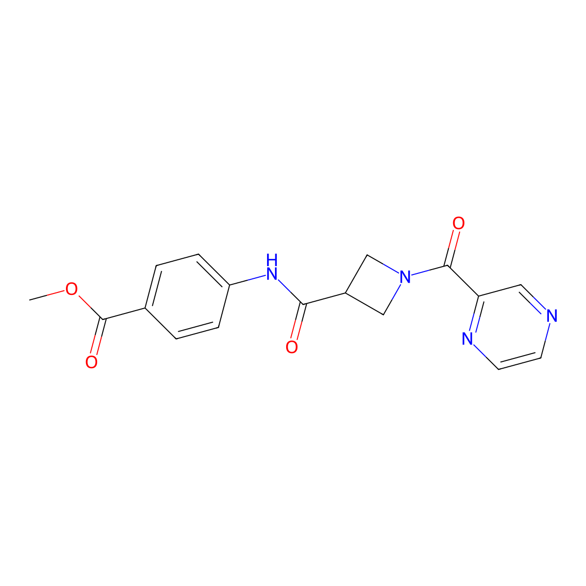 Methyl 4-(1-(pyrazine-2-carbonyl)azetidine-3-carboxamido)benzoate molecular structure, CAS 1448029-11-5
