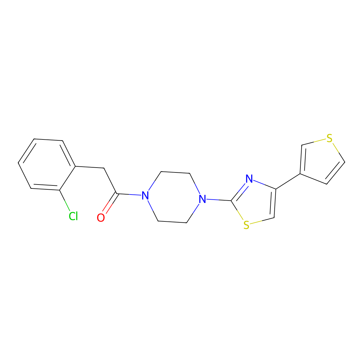 2-(2-Chlorophenyl)-1-(4-(4-(thiophen-3-yl)thiazol-2-yl)piperazin-1-yl)ethanone molecular structure, CAS 1448029-23-9