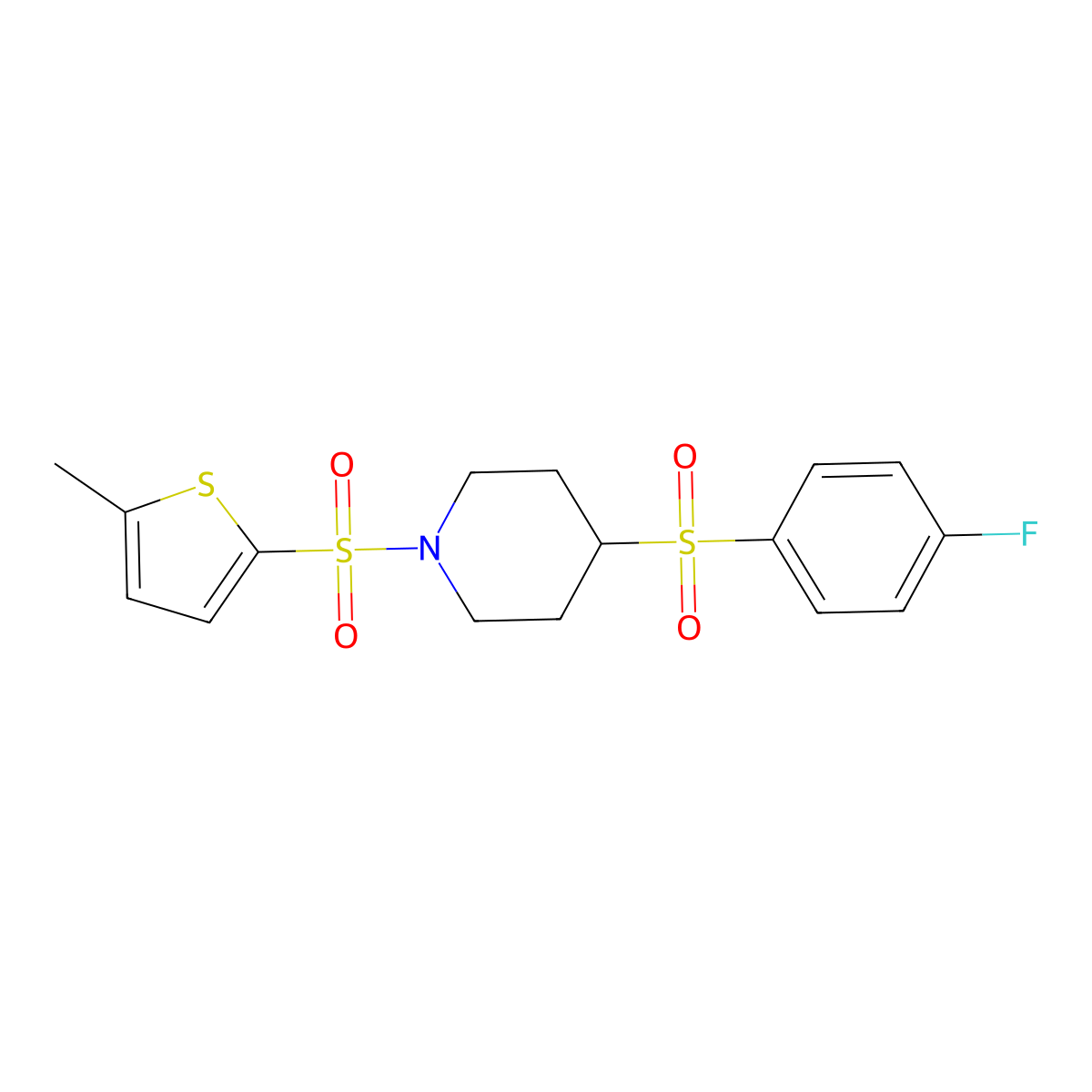 4-((4-Fluorophenyl)sulfonyl)-1-((5-methylthiophen-2-yl)sulfonyl)piperidine molecular structure, CAS 1448029-26-2