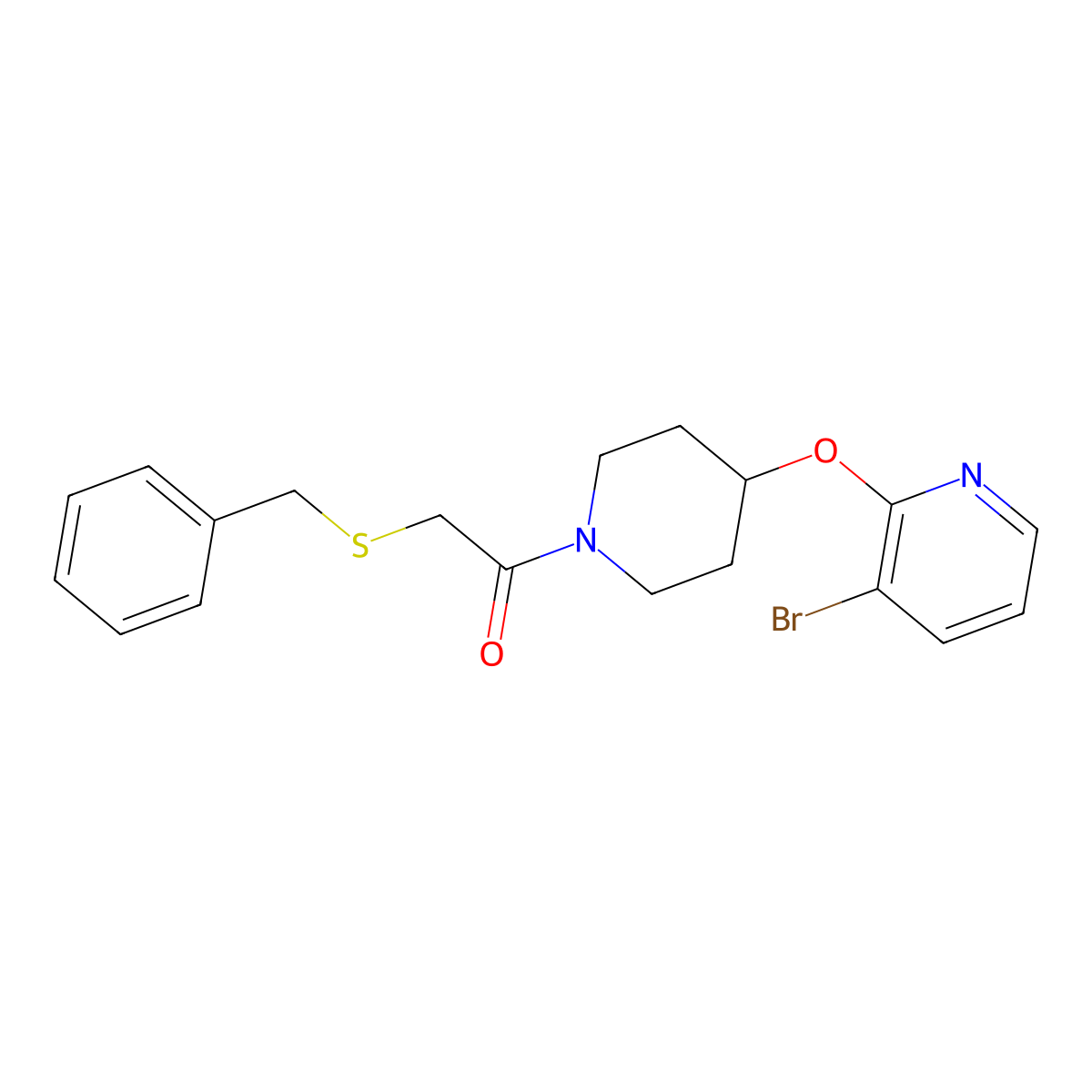 2-(Benzylthio)-1-(4-((3-bromopyridin-2-yl)oxy)piperidin-1-yl)ethanone molecular structure, CAS 1448029-33-1