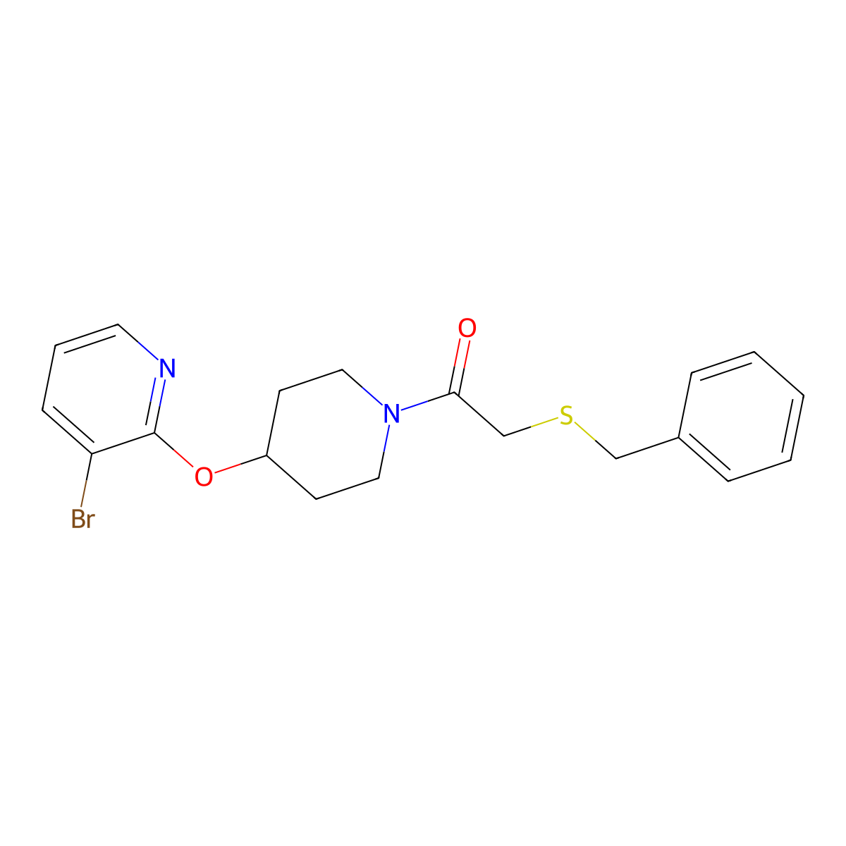 2-(Benzylthio)-1-(4-((3-bromopyridin-2-yl)oxy)piperidin-1-yl)ethanone molecular structure, CAS 1448029-33-1