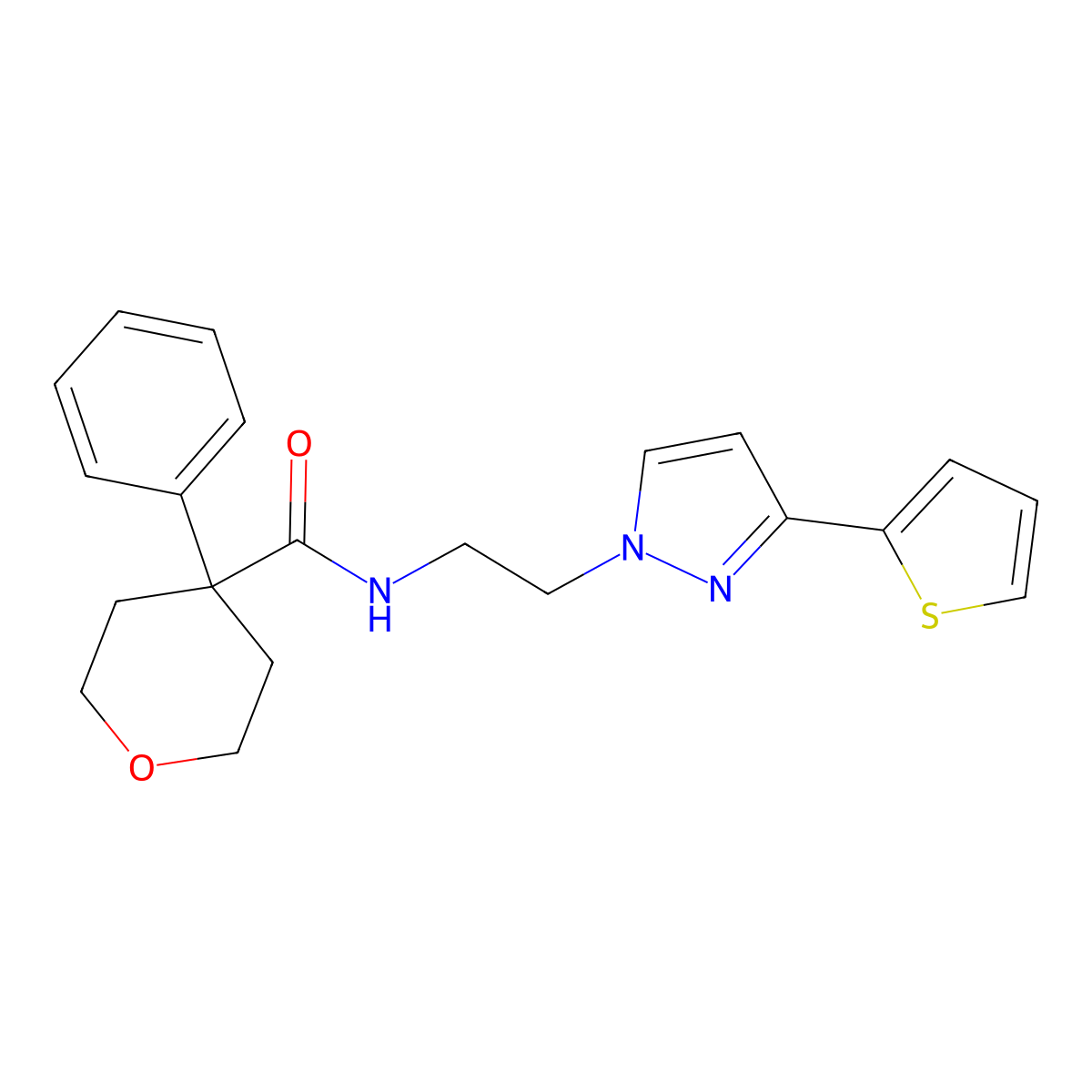 4-phenyl-N-(2-(3-(thiophen-2-yl)-1H-pyrazol-1-yl)ethyl)tetrahydro-2H-pyran-4-carboxamide molecular structure, CAS 1448029-37-5