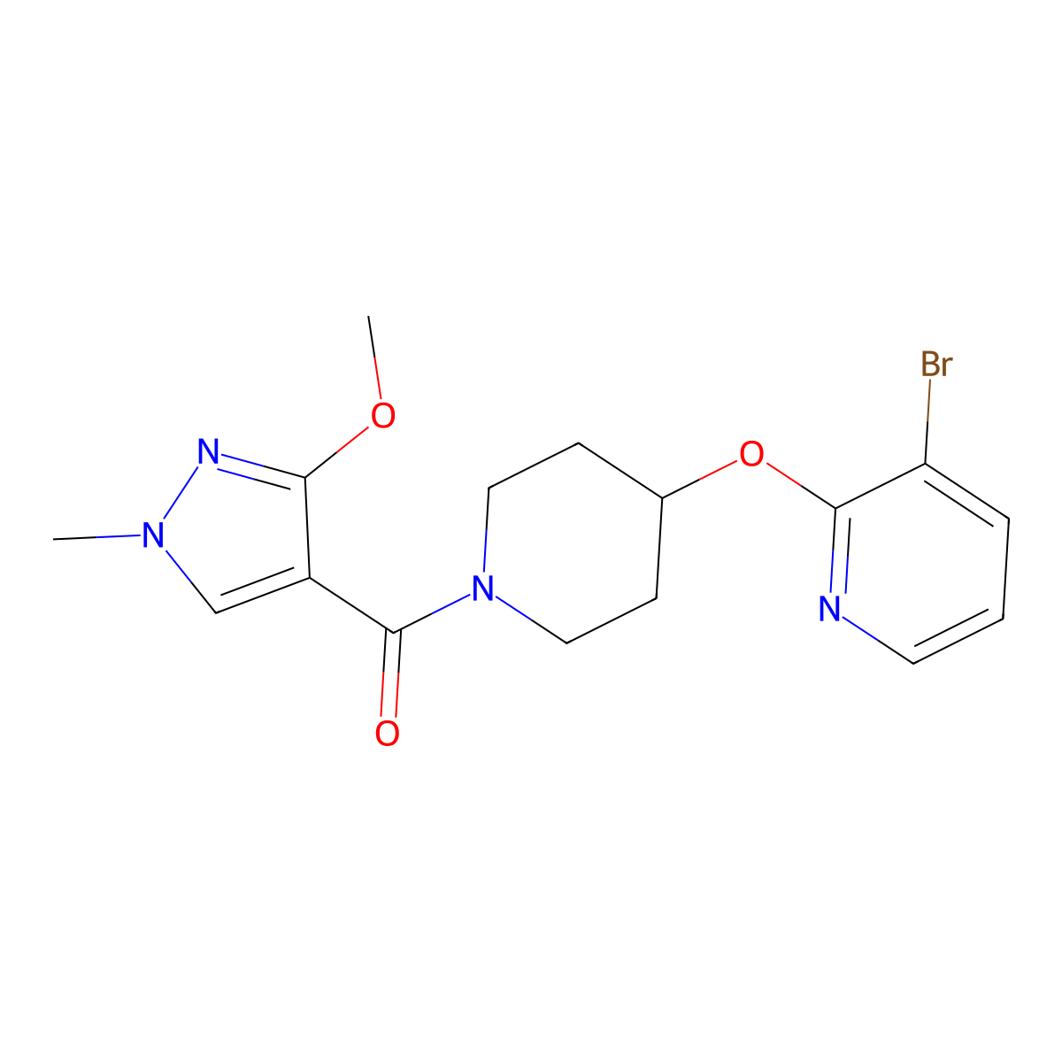(4-((3-bromopyridin-2-yl)oxy)piperidin-1-yl)(3-methoxy-1-methyl-1H-pyrazol-4-yl)methanone molecular structure, CAS 1448029-42-2