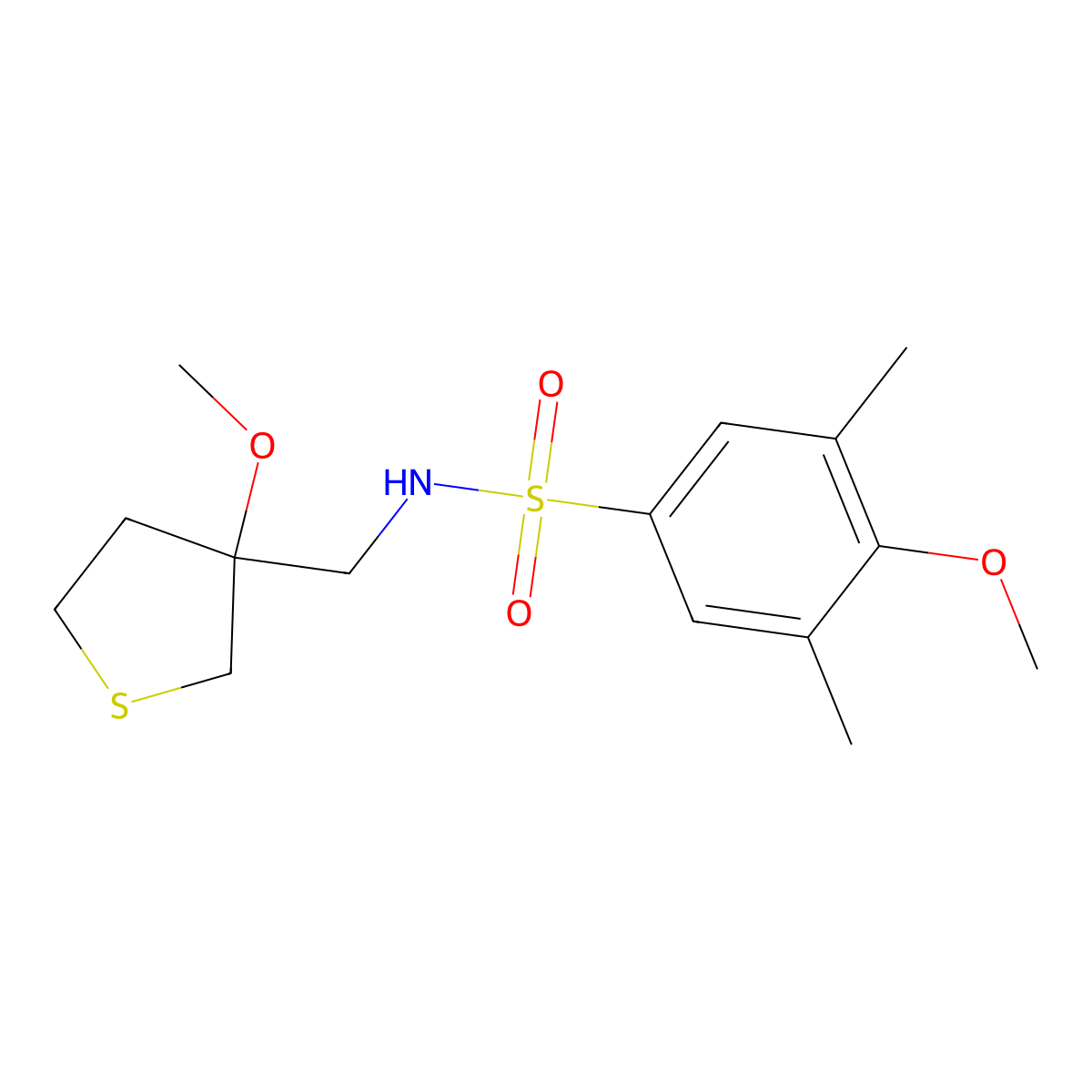 4-methoxy-N-((3-methoxytetrahydrothiophen-3-yl)methyl)-3,5-dimethylbenzenesulfonamide molecular structure, CAS 1448029-51-3