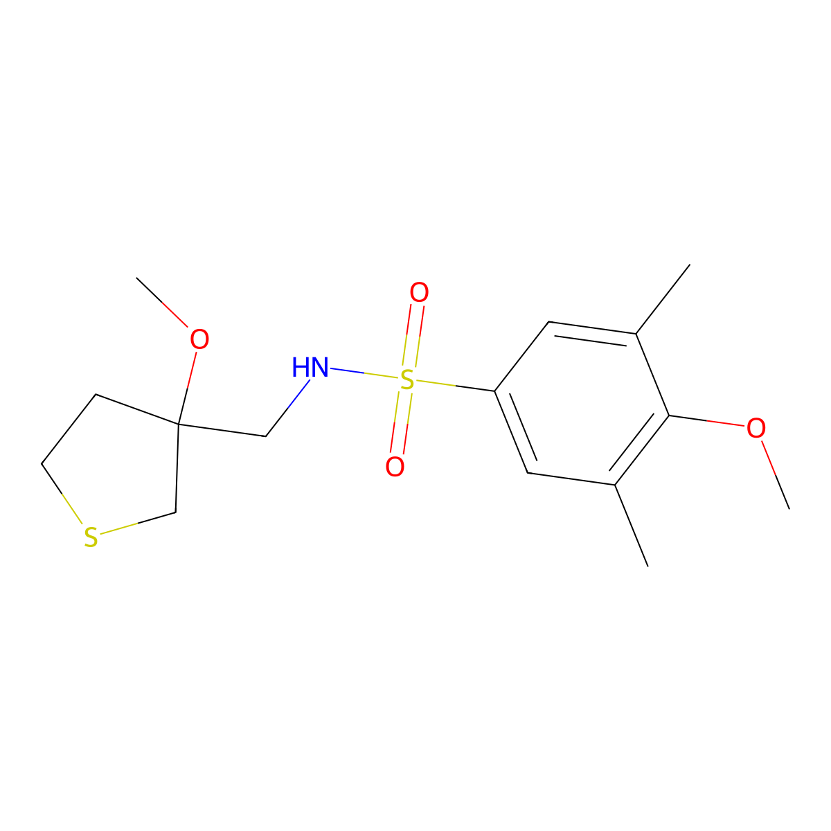 4-methoxy-N-((3-methoxytetrahydrothiophen-3-yl)methyl)-3,5-dimethylbenzenesulfonamide molecular structure, CAS 1448029-51-3