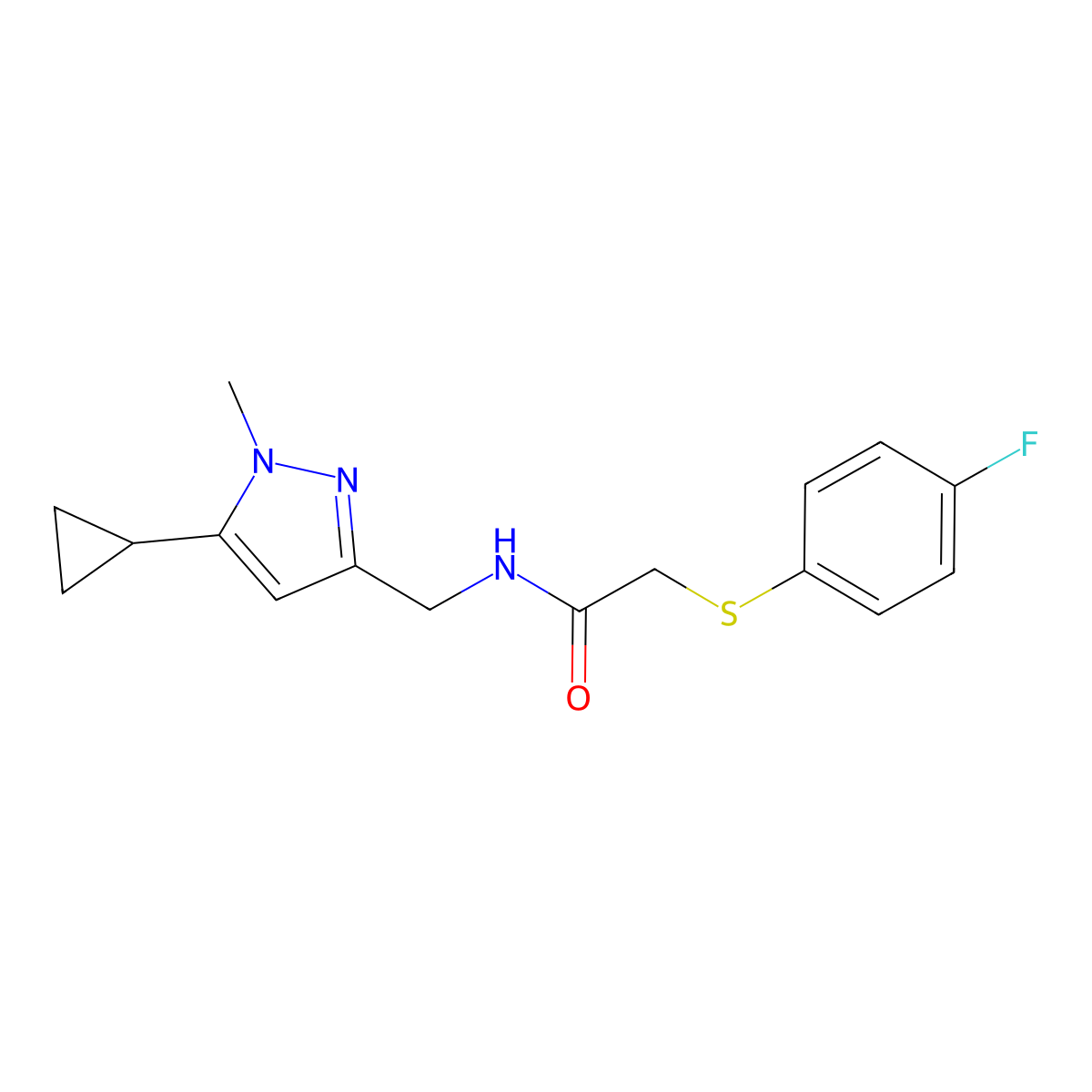 N-((5-cyclopropyl-1-methyl-1H-pyrazol-3-yl)methyl)-2-((4-fluorophenyl)thio)acetamide molecular structure, CAS 1448029-64-8