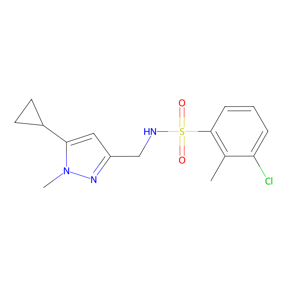 3-chloro-N-((5-cyclopropyl-1-methyl-1H-pyrazol-3-yl)methyl)-2-methylbenzenesulfonamide molecular structure, CAS 1448029-89-7