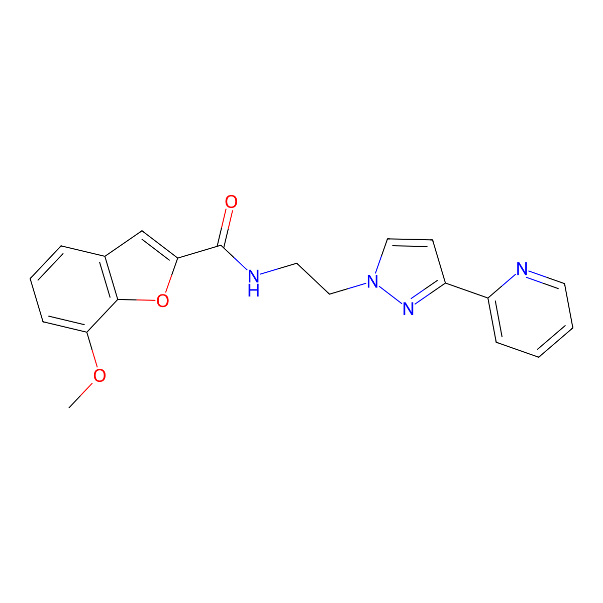 7-methoxy-N-(2-(3-(pyridin-2-yl)-1H-pyrazol-1-yl)ethyl)benzofuran-2-carboxamide molecular structure, CAS 1448029-90-0