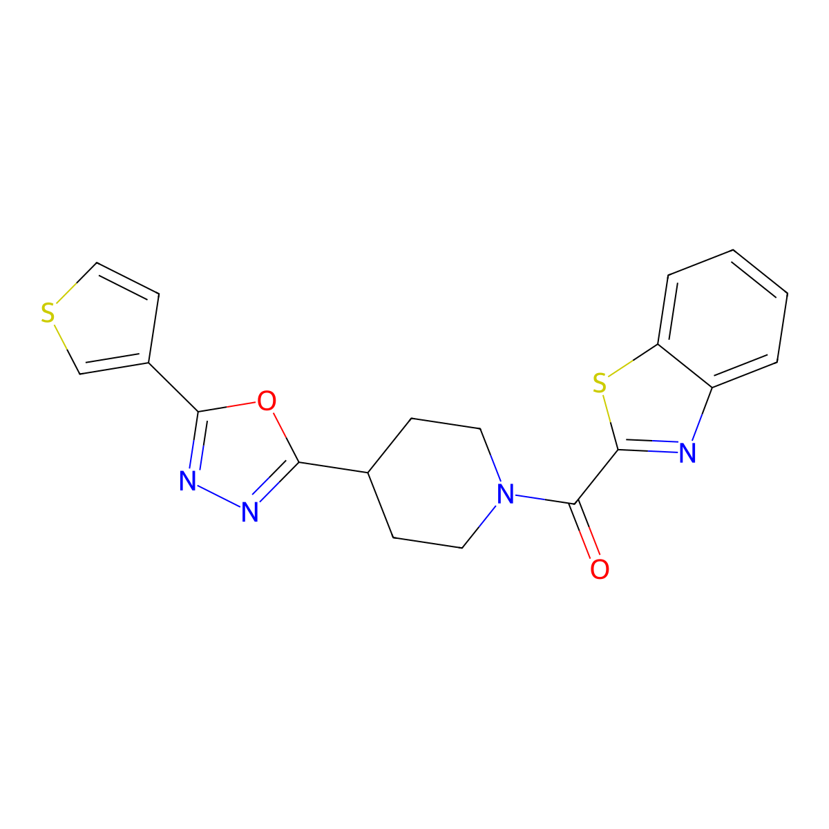 Benzo[d]thiazol-2-yl(4-(5-(thiophen-3-yl)-1,3,4-oxadiazol-2-yl)piperidin-1-yl)methanone molecular structure, CAS 1448029-91-1