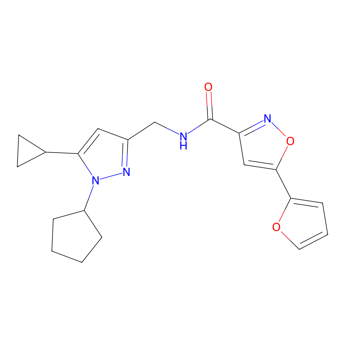 N-((1-cyclopentyl-5-cyclopropyl-1H-pyrazol-3-yl)methyl)-5-(furan-2-yl)isoxazole-3-carboxamide molecular structure, CAS 1448029-94-4