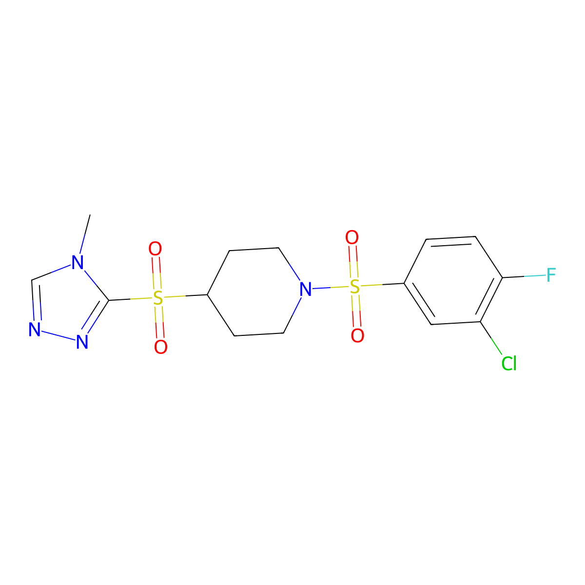 1-((3-chloro-4-fluorophenyl)sulfonyl)-4-((4-methyl-4H-1,2,4-triazol-3-yl)sulfonyl)piperidine molecular structure, CAS 1448029-96-6