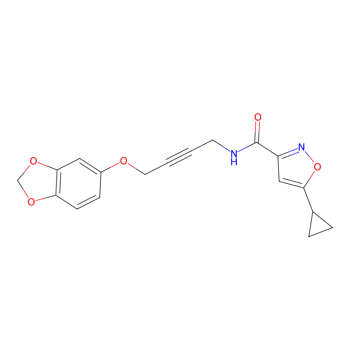 N-(4-(benzo[d][1,3]dioxol-5-yloxy)but-2-yn-1-yl)-5-cyclopropylisoxazole-3-carboxamide molecular structure, CAS 1448029-97-7