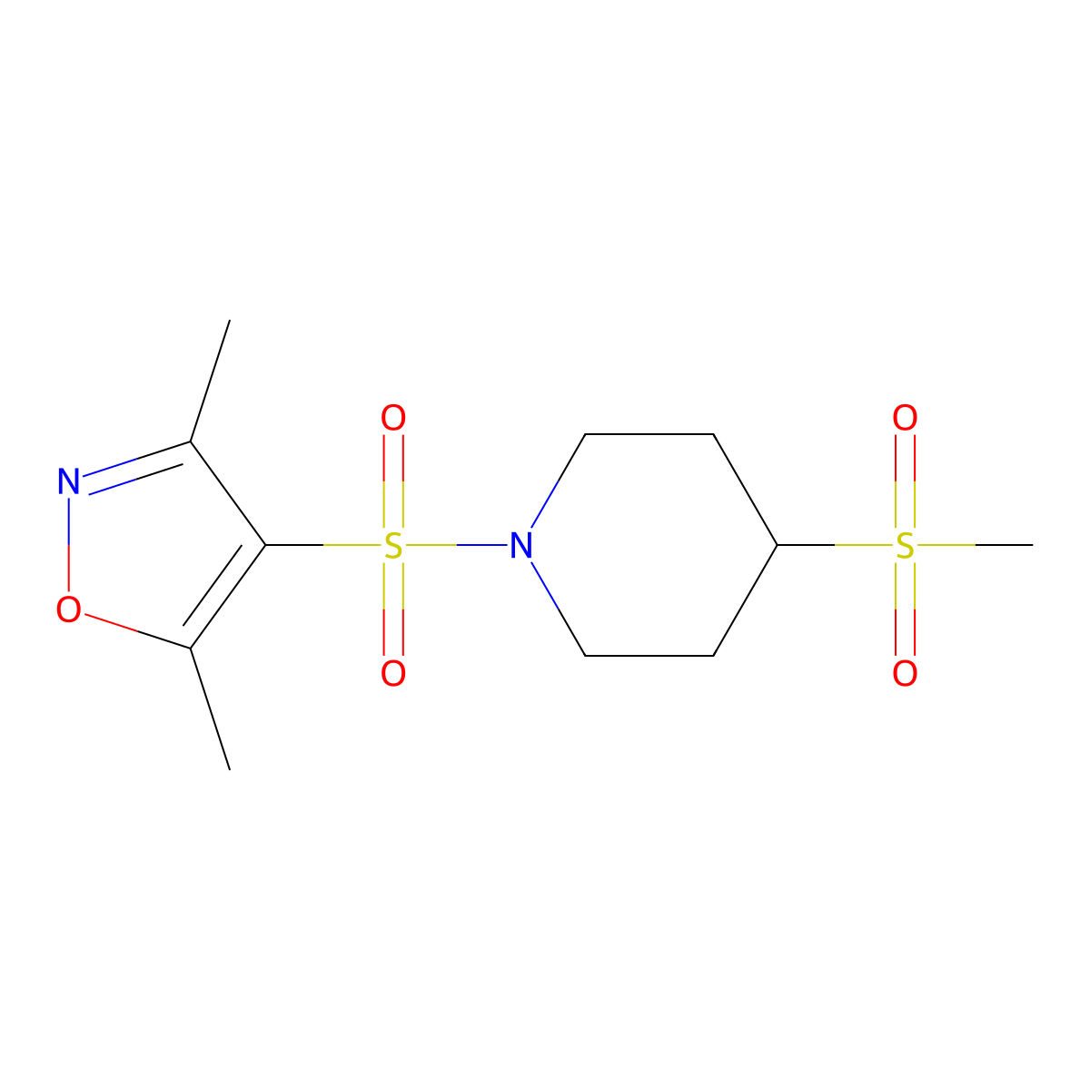 3,5-Dimethyl-4-((4-(methylsulfonyl)piperidin-1-yl)sulfonyl)isoxazole molecular structure, CAS 1448030-02-1
