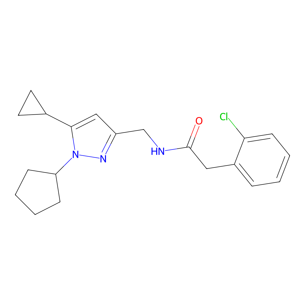 2-(2-chlorophenyl)-N-[(1-cyclopentyl-5-cyclopropyl-1H-pyrazol-3-yl)methyl]acetamide molecular structure, CAS 1448030-07-6