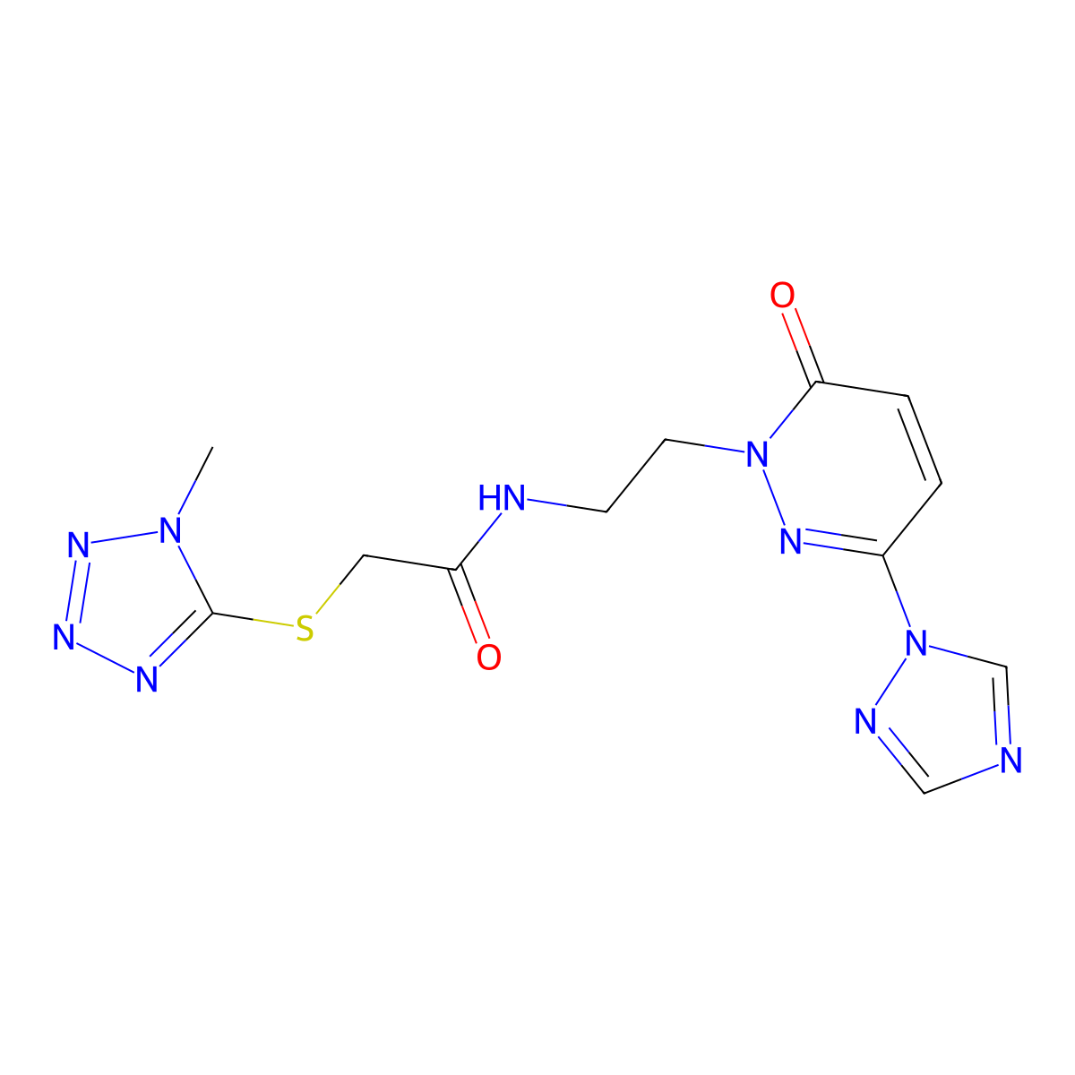 2-((1-methyl-1H-tetrazol-5-yl)thio)-N-(2-(6-oxo-3-(1H-1,2,4-triazol-1-yl)pyridazin-1(6H)-yl)ethyl)acetamide molecular structure, CAS 1448030-08-7