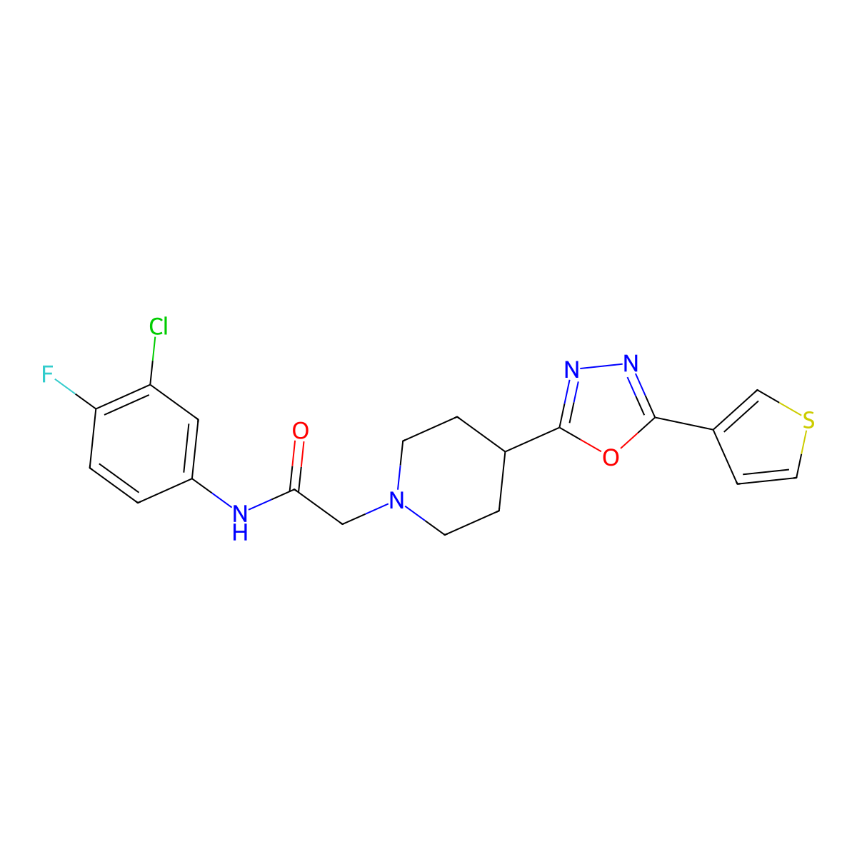 N-(3-Chloro-4-fluorophenyl)-2-{4-[5-(thiophen-3-YL)-1,3,4-oxadiazol-2-YL]piperidin-1-YL}acetamide molecular structure, CAS 1448030-11-2