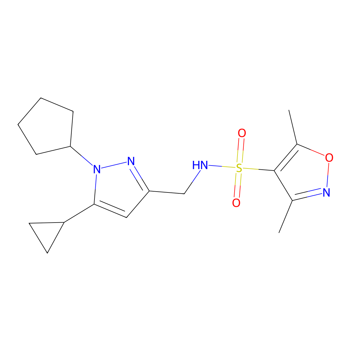 N-((1-cyclopentyl-5-cyclopropyl-1H-pyrazol-3-yl)methyl)-3,5-dimethylisoxazole-4-sulfonamide molecular structure, CAS 1448030-16-7
