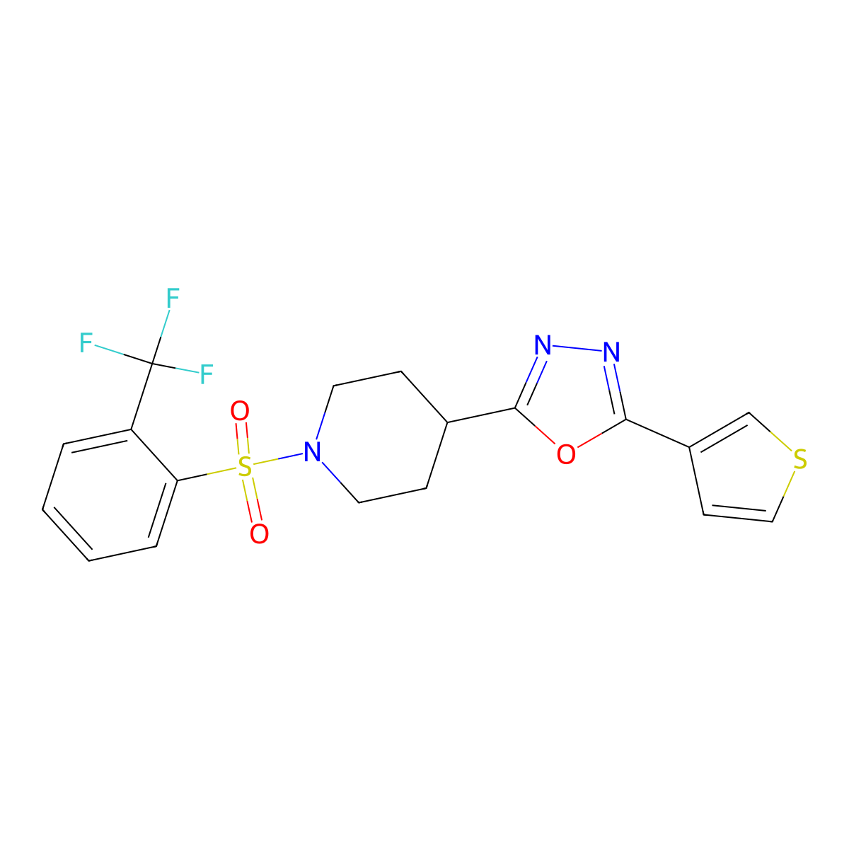2-(Thiophen-3-yl)-5-(1-((2-(trifluoromethyl)phenyl)sulfonyl)piperidin-4-yl)-1,3,4-oxadiazole molecular structure, CAS 1448030-24-7