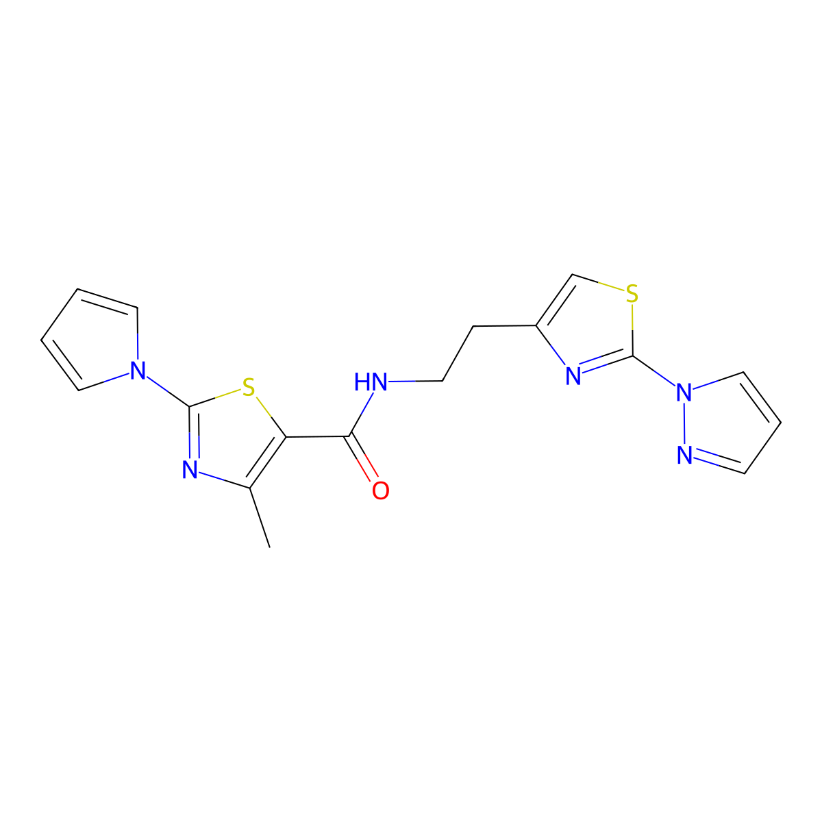 N-(2-(2-(1H-pyrazol-1-yl)thiazol-4-yl)ethyl)-4-methyl-2-(1H-pyrrol-1-yl)thiazole-5-carboxamide molecular structure, CAS 1448030-27-0