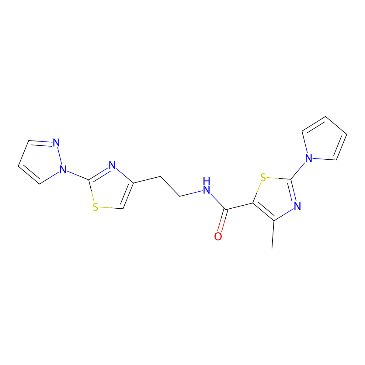 N-(2-(2-(1H-pyrazol-1-yl)thiazol-4-yl)ethyl)-4-methyl-2-(1H-pyrrol-1-yl)thiazole-5-carboxamide molecular structure, CAS 1448030-27-0