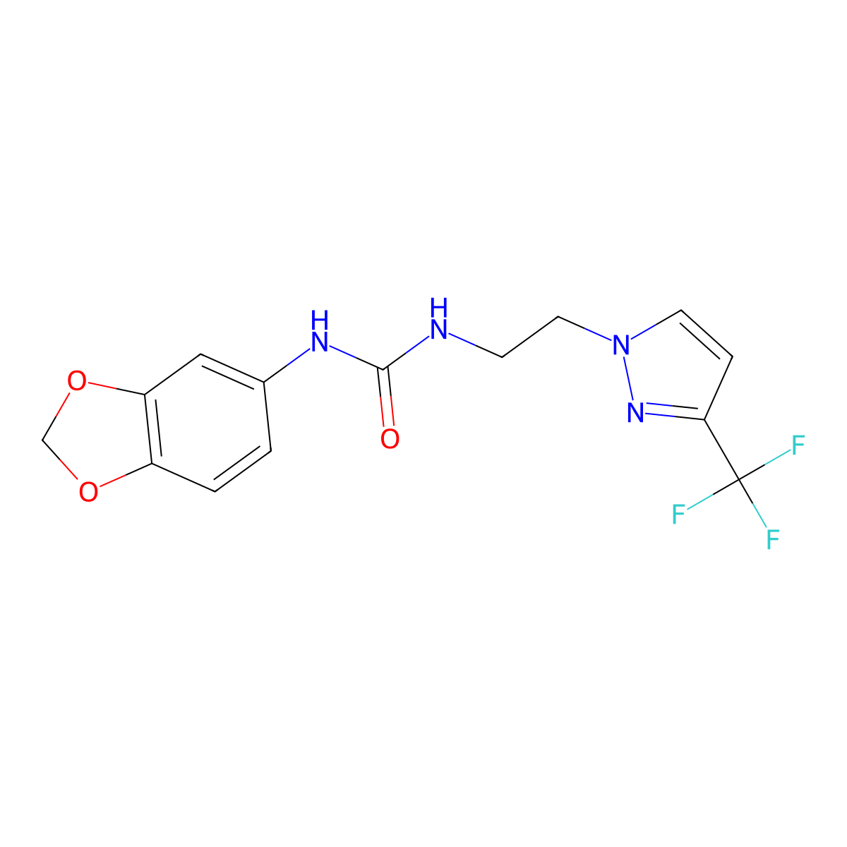 1-(benzo[d][1,3]dioxol-5-yl)-3-(2-(3-(trifluoromethyl)-1H-pyrazol-1-yl)ethyl)urea molecular structure, CAS 1448030-28-1
