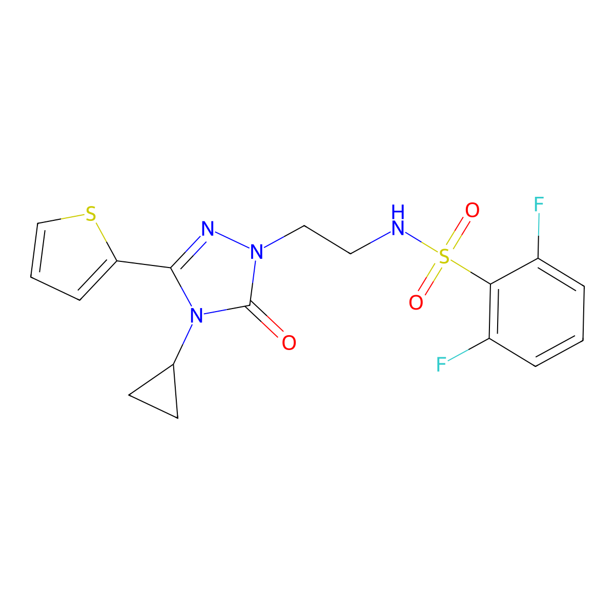 N-(2-(4-cyclopropyl-5-oxo-3-(thiophen-2-yl)-4,5-dihydro-1H-1,2,4-triazol-1-yl)ethyl)-2,6-difluorobenzenesulfonamide molecular structure, CAS 1448030-32-7