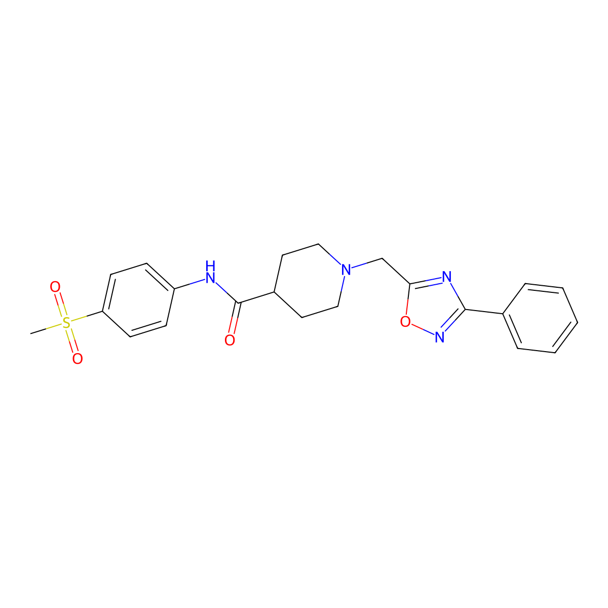 N-(4-(methylsulfonyl)phenyl)-1-((3-phenyl-1,2,4-oxadiazol-5-yl)methyl)piperidine-4-carboxamide molecular structure, CAS 1448030-38-3