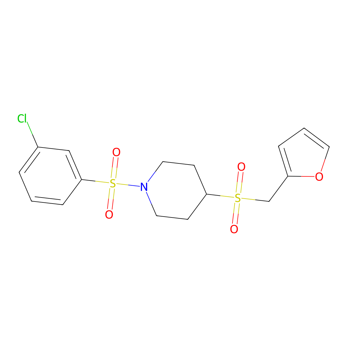 1-((3-Chlorophenyl)sulfonyl)-4-((furan-2-ylmethyl)sulfonyl)piperidine molecular structure, CAS 1448030-41-8