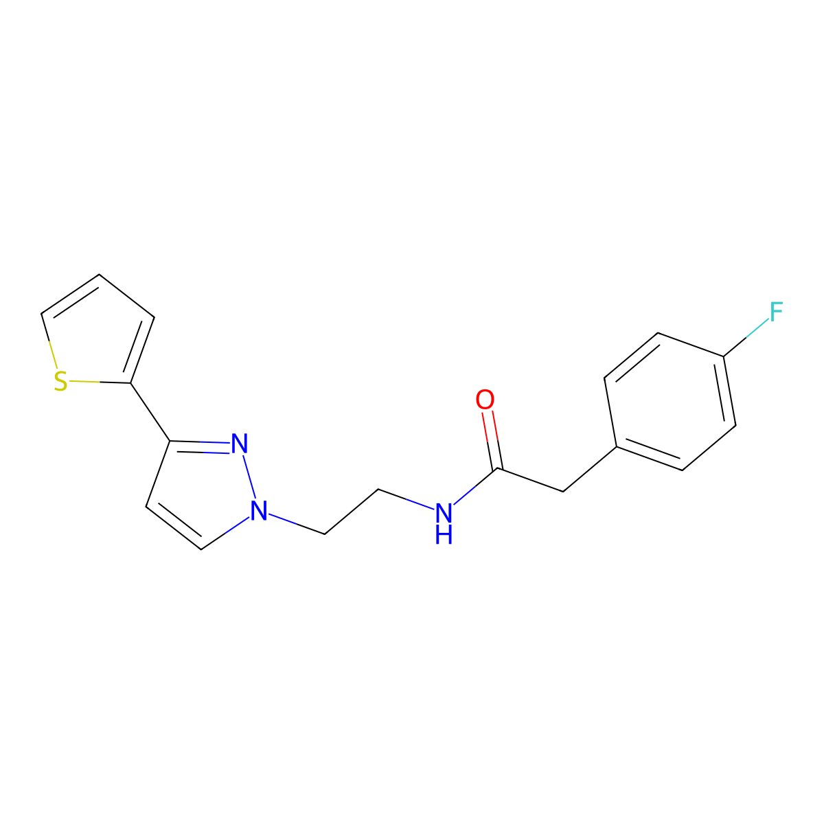 2-(4-fluorophenyl)-N-(2-(3-(thiophen-2-yl)-1H-pyrazol-1-yl)ethyl)acetamide molecular structure, CAS 1448030-43-0