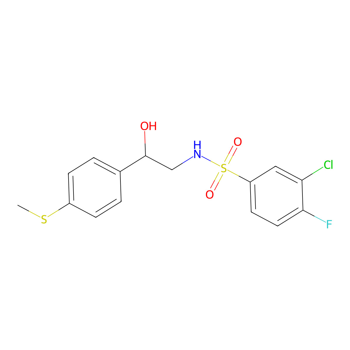 3-chloro-4-fluoro-N-(2-hydroxy-2-(4-(methylthio)phenyl)ethyl)benzenesulfonamide molecular structure, CAS 1448030-59-8