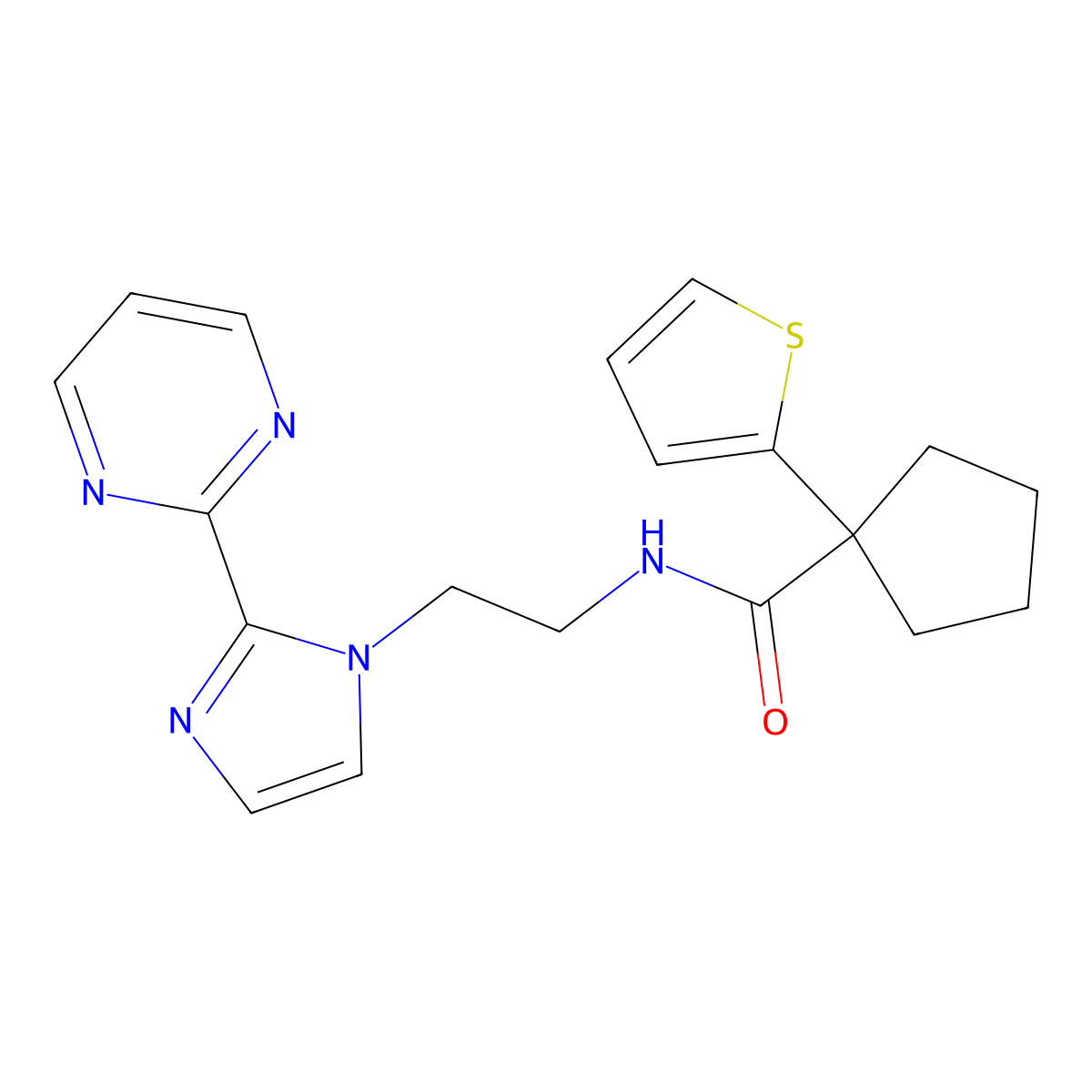 N-(2-(2-(pyrimidin-2-yl)-1H-imidazol-1-yl)ethyl)-1-(thiophen-2-yl)cyclopentanecarboxamide molecular structure, CAS 1448030-65-6