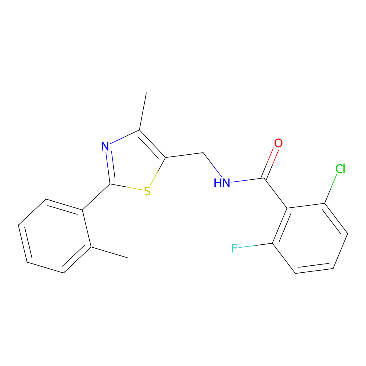 2-chloro-6-fluoro-N-((4-methyl-2-(o-tolyl)thiazol-5-yl)methyl)benzamide molecular structure, CAS 1448030-74-7