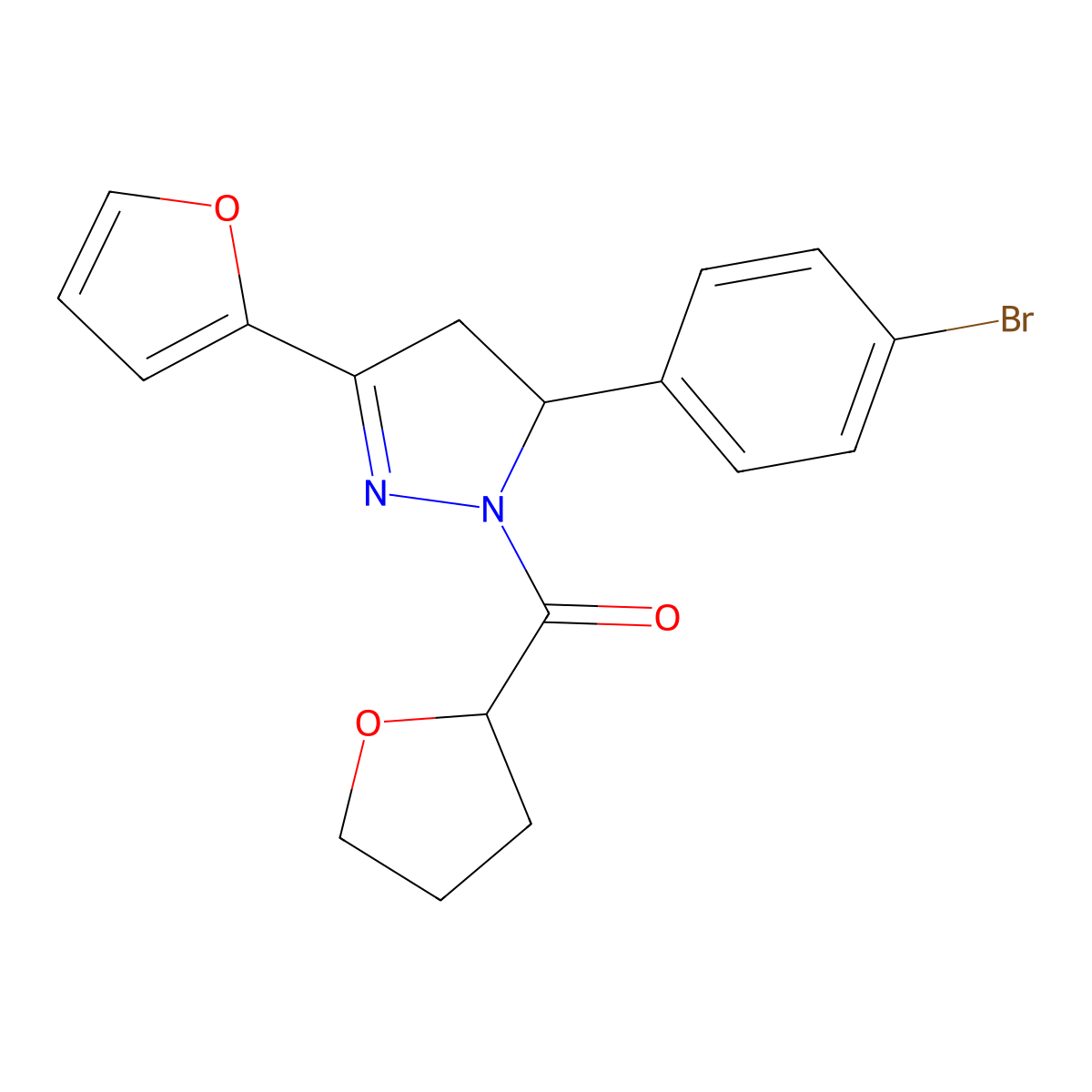 (5-(4-bromophenyl)-3-(furan-2-yl)-4,5-dihydro-1H-pyrazol-1-yl)(tetrahydrofuran-2-yl)methanone molecular structure, CAS 1448030-81-6