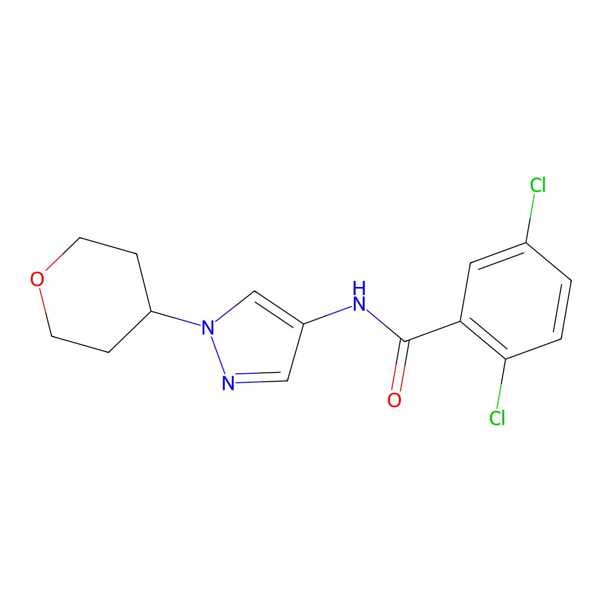 2,5-dichloro-N-(1-(tetrahydro-2H-pyran-4-yl)-1H-pyrazol-4-yl)benzamide molecular structure, CAS 1448030-82-7